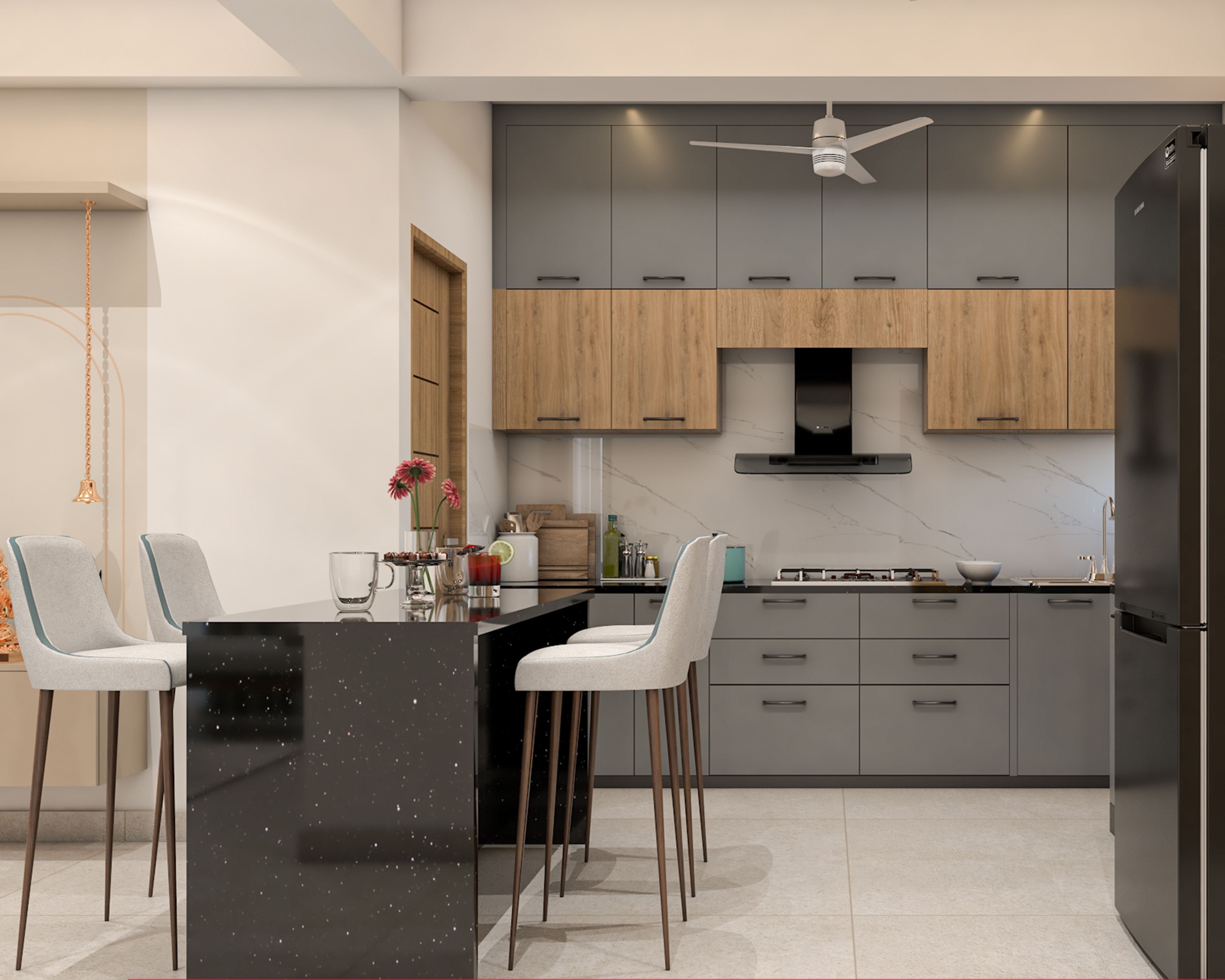 Contemporary Open Kitchen Design with Grey and Teak Cabinets