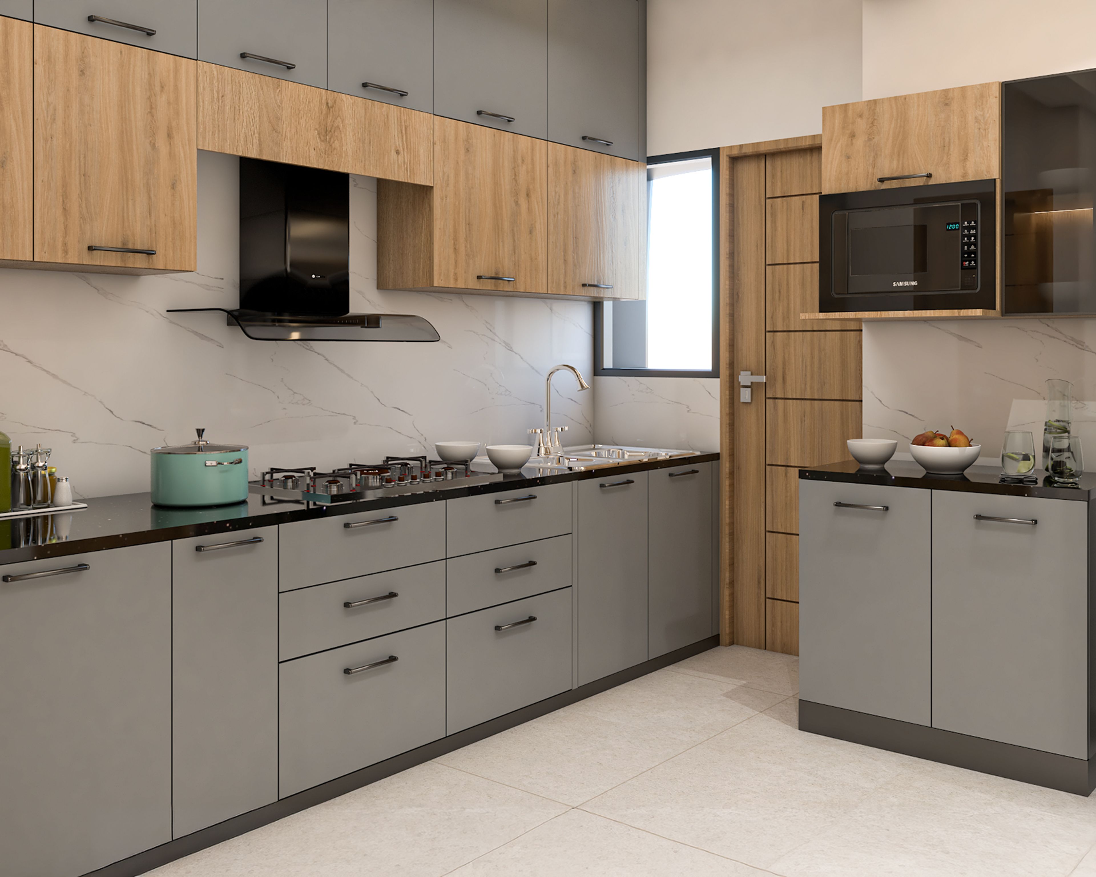 Open Kitchen Design with Island Seating, Grey and teak Cabinets and Granite Countertop