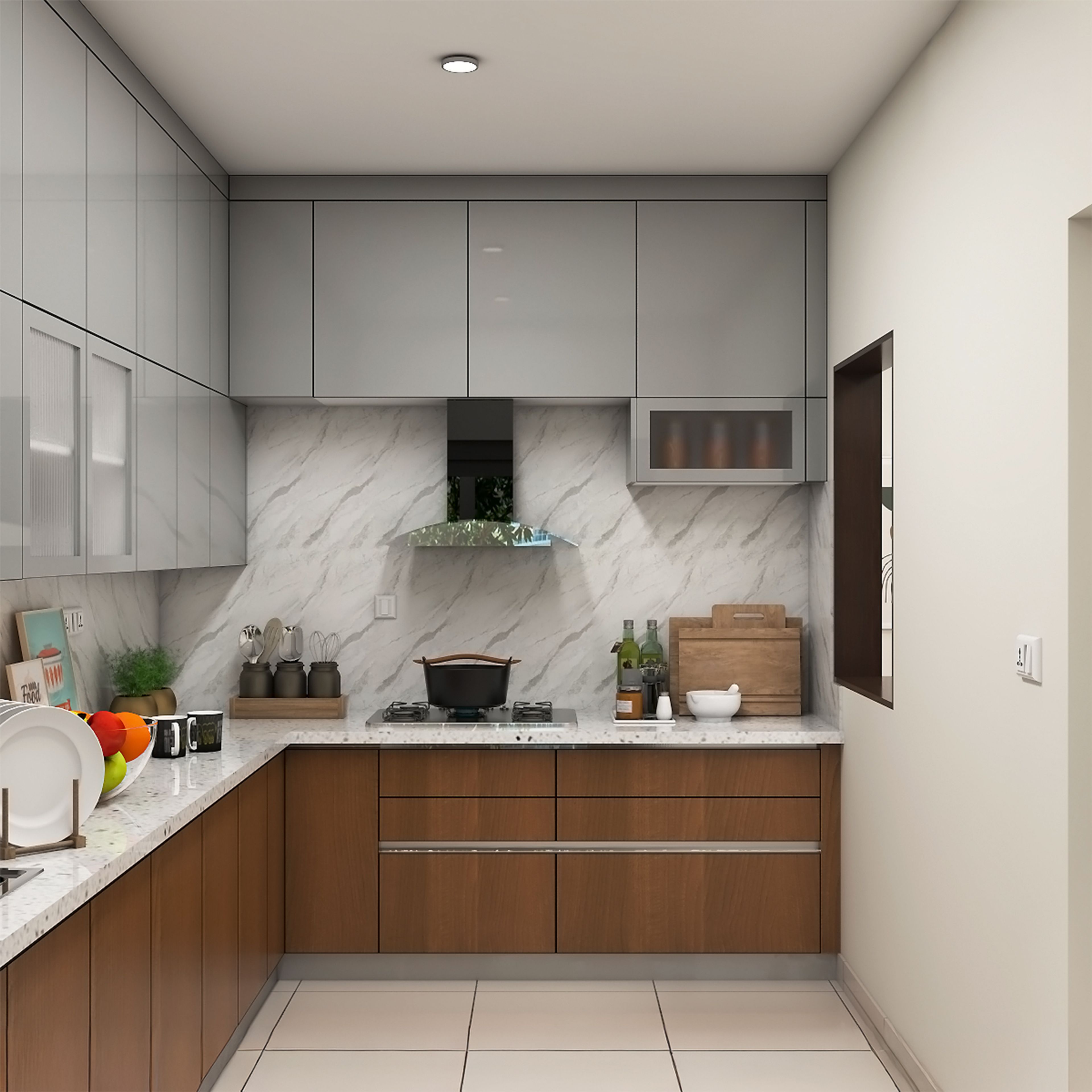 L-Shaped Kitchen Design with Bronze and Grey Suede Finish Cabinets and Quartz Coutertop