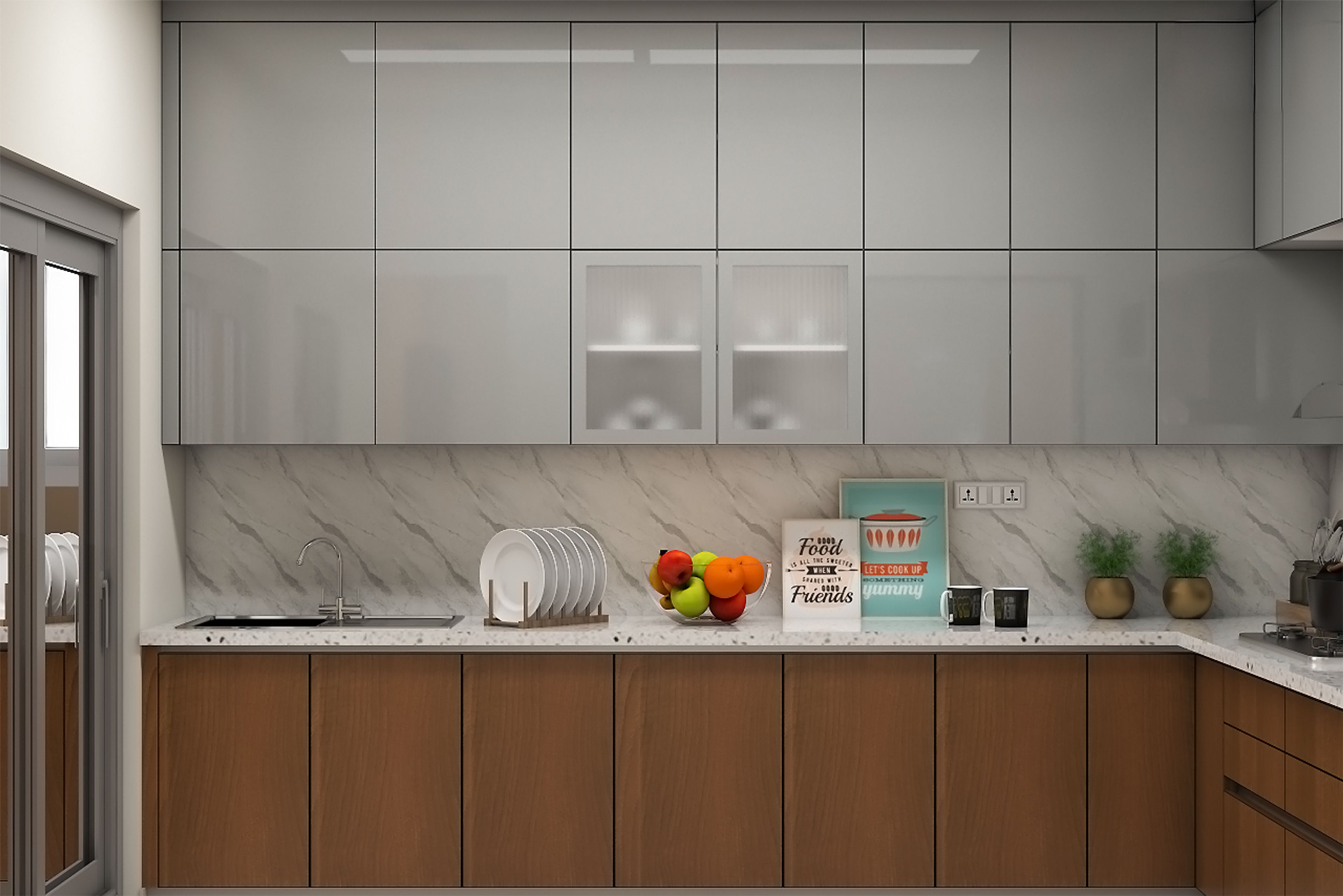 L-Shaped Kitchen Design with Bronze and Grey Suede Finish Cabinets and Quartz Coutertop