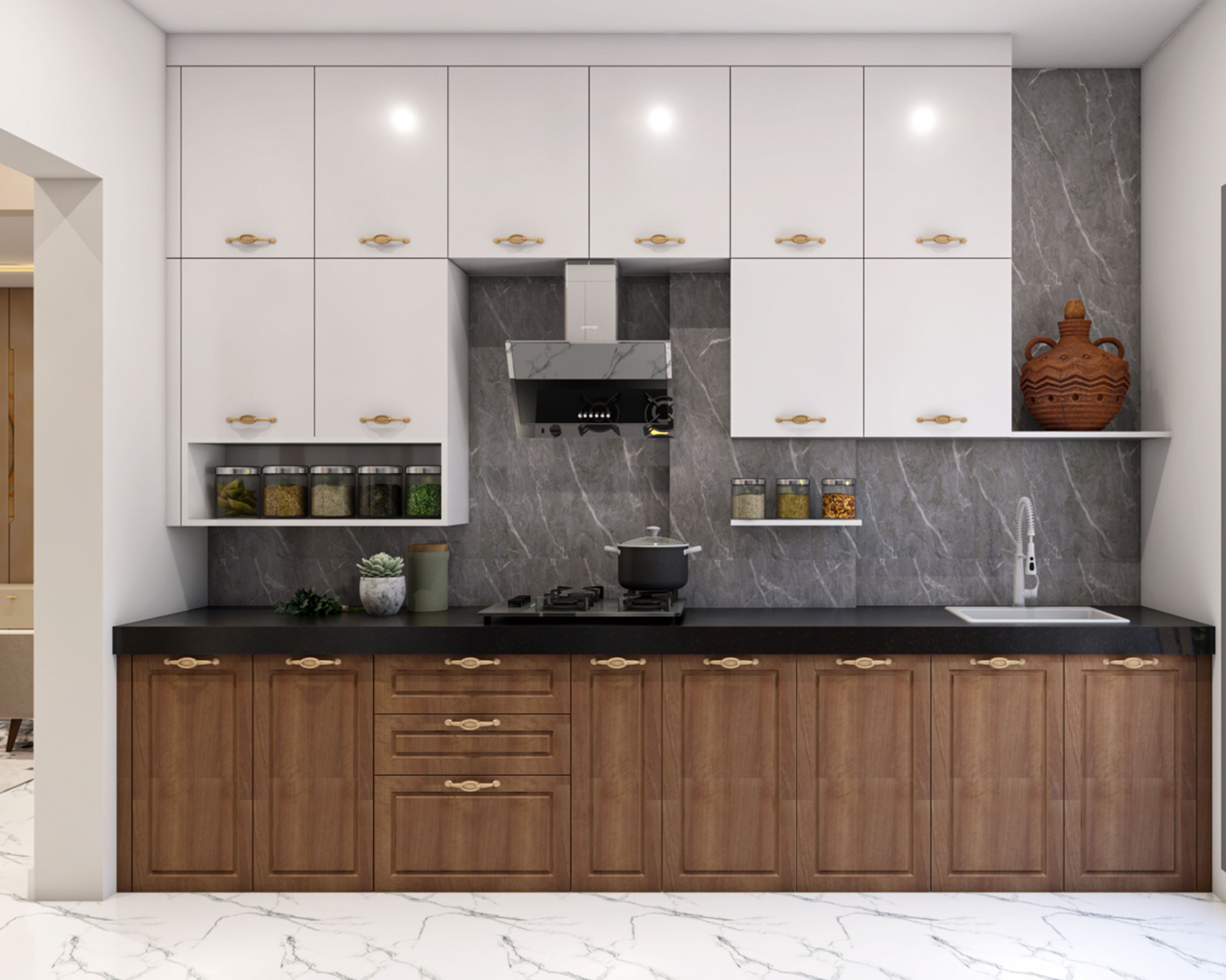 Open Kitchen Design with Warm Wood and White Cabinets and Granite Countertop