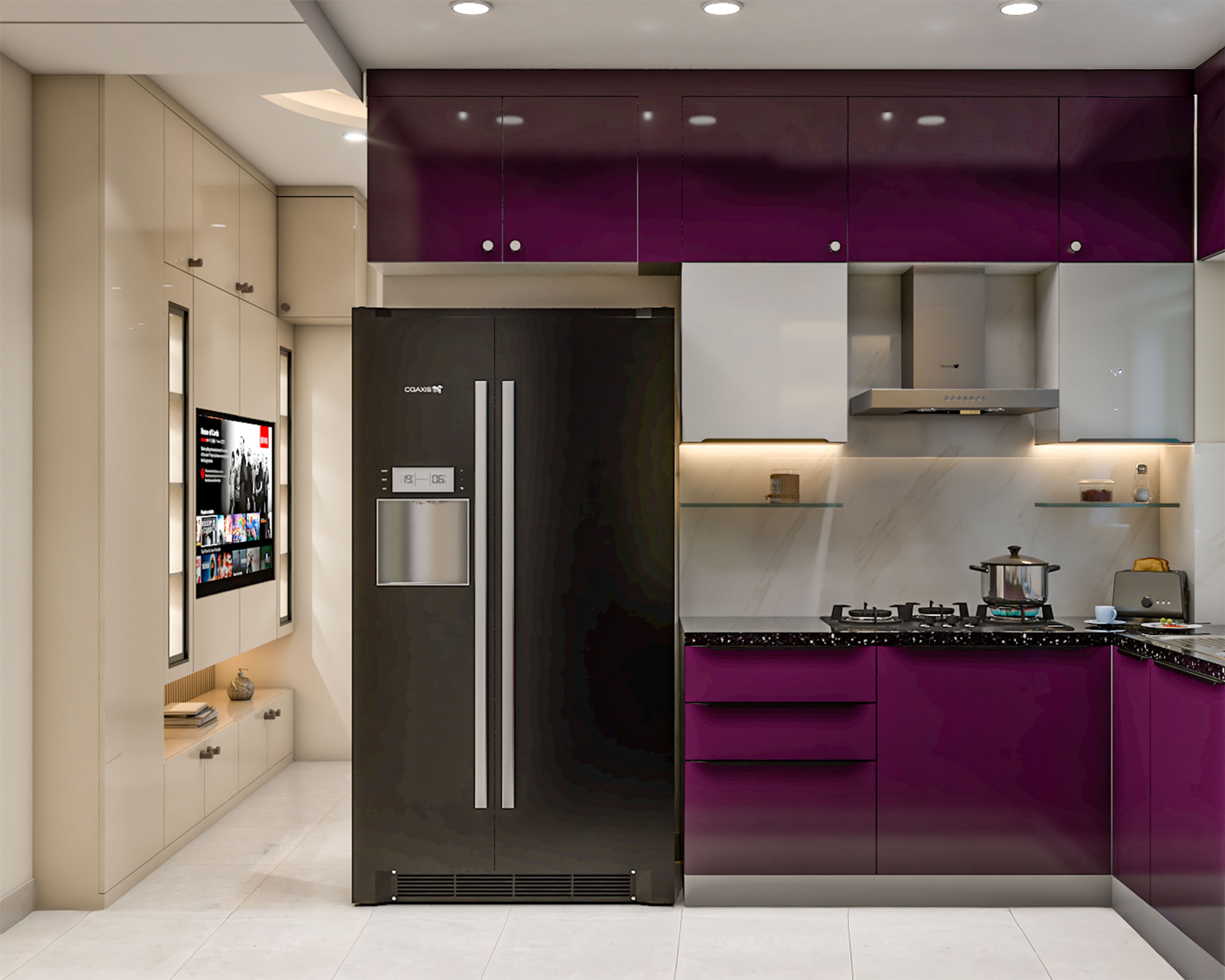 U-Shaped Kitchen Design with Aubergine and White Cabinets and Granite Countertop