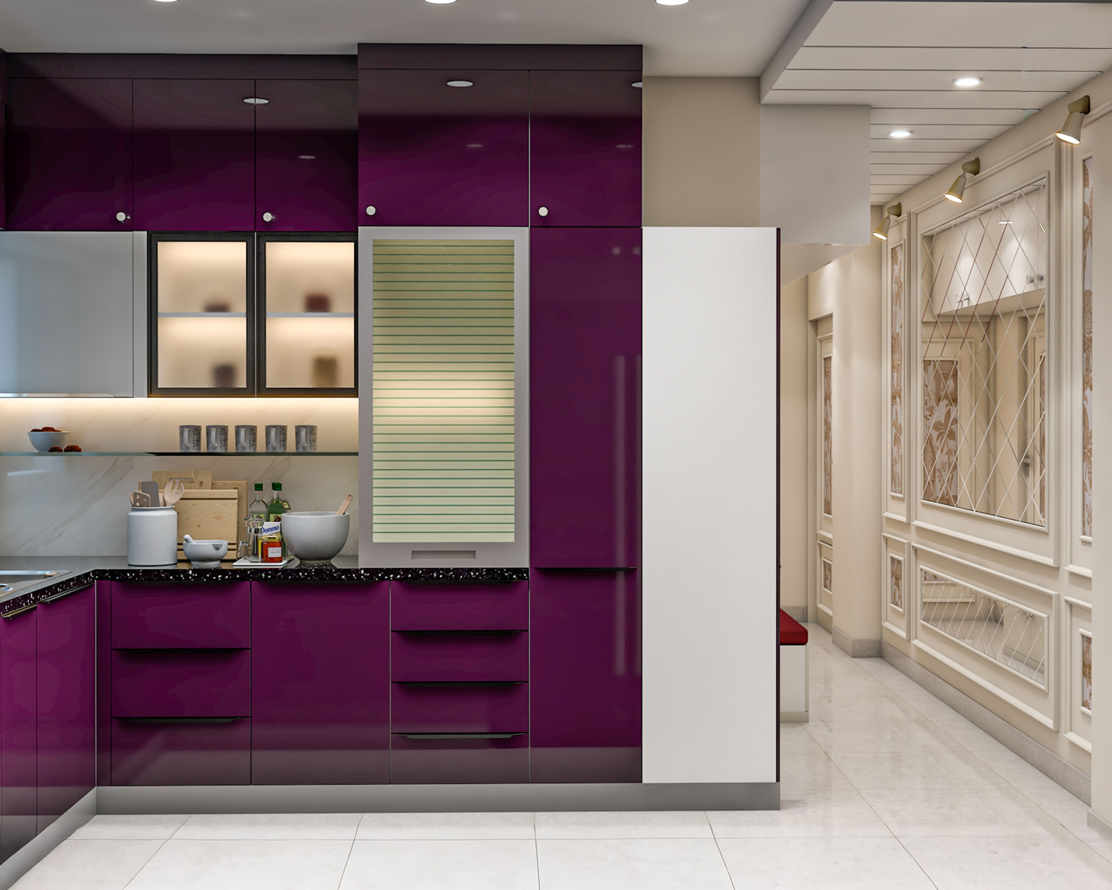 U-Shaped Kitchen Design with Aubergine and White Cabinets and Granite Countertop