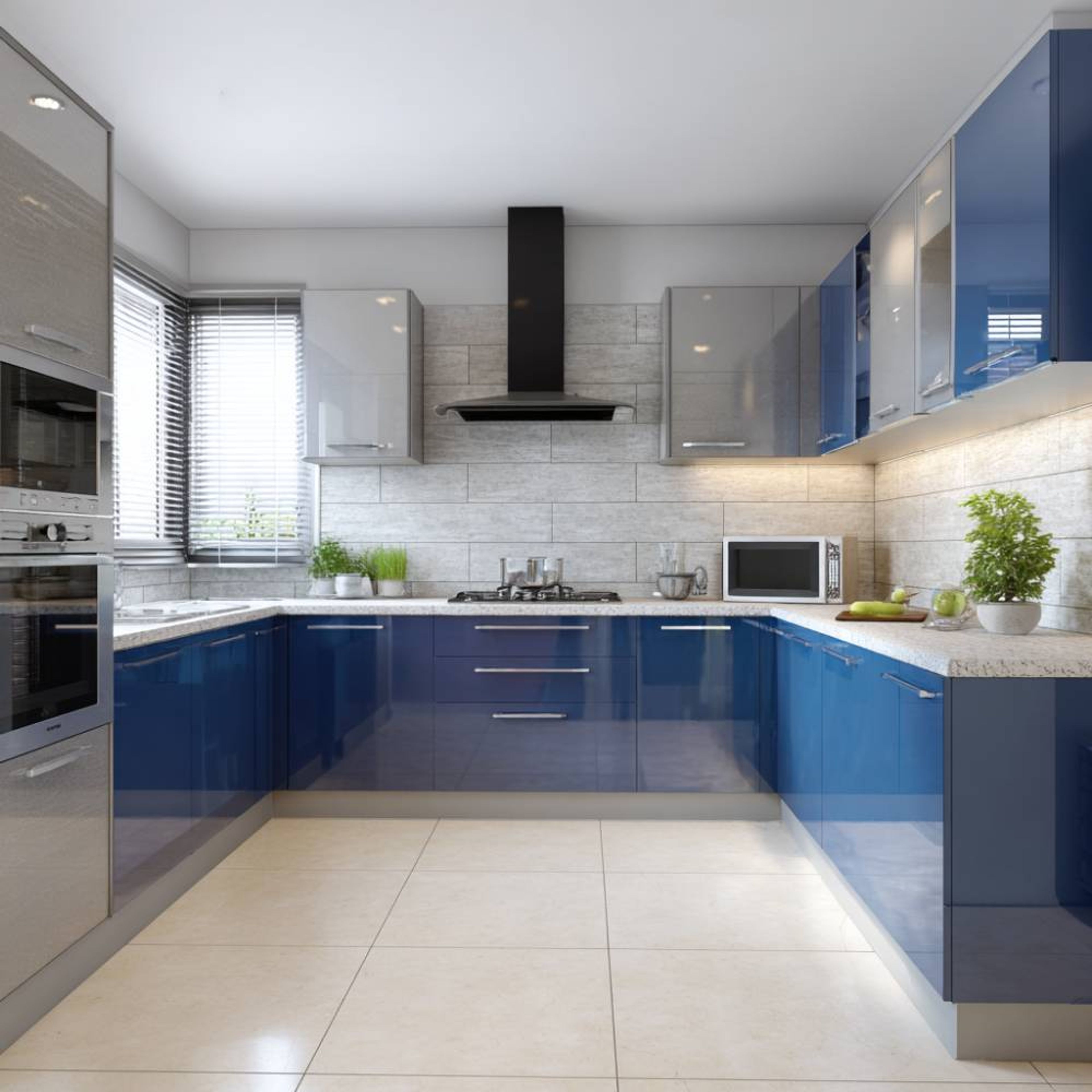 Blue and Pearl U-Shaped Kitchen Design with Quartz Countertops