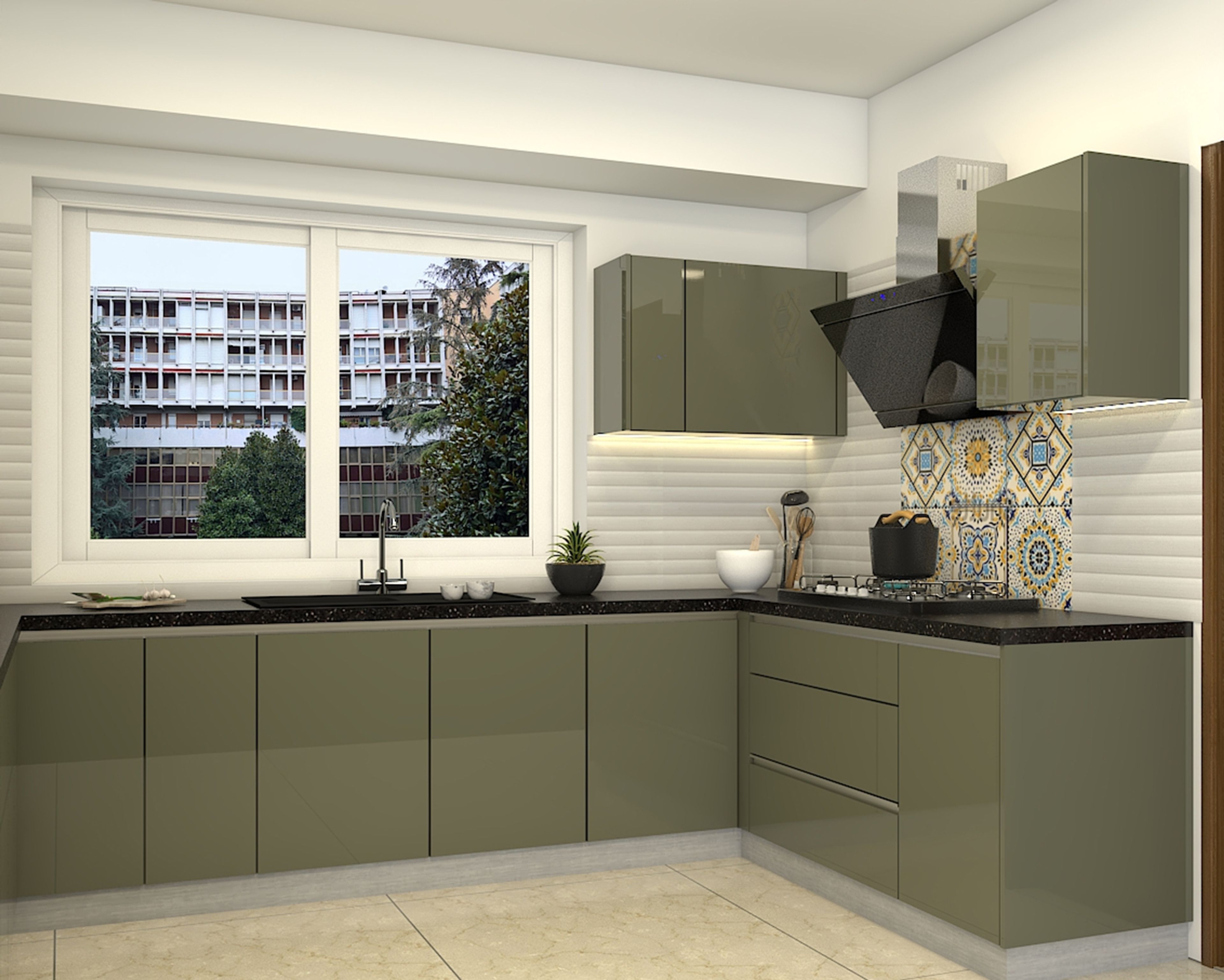 Green L-Shaped Kitchen Design with Glossy Cabinets and Granite Countertop