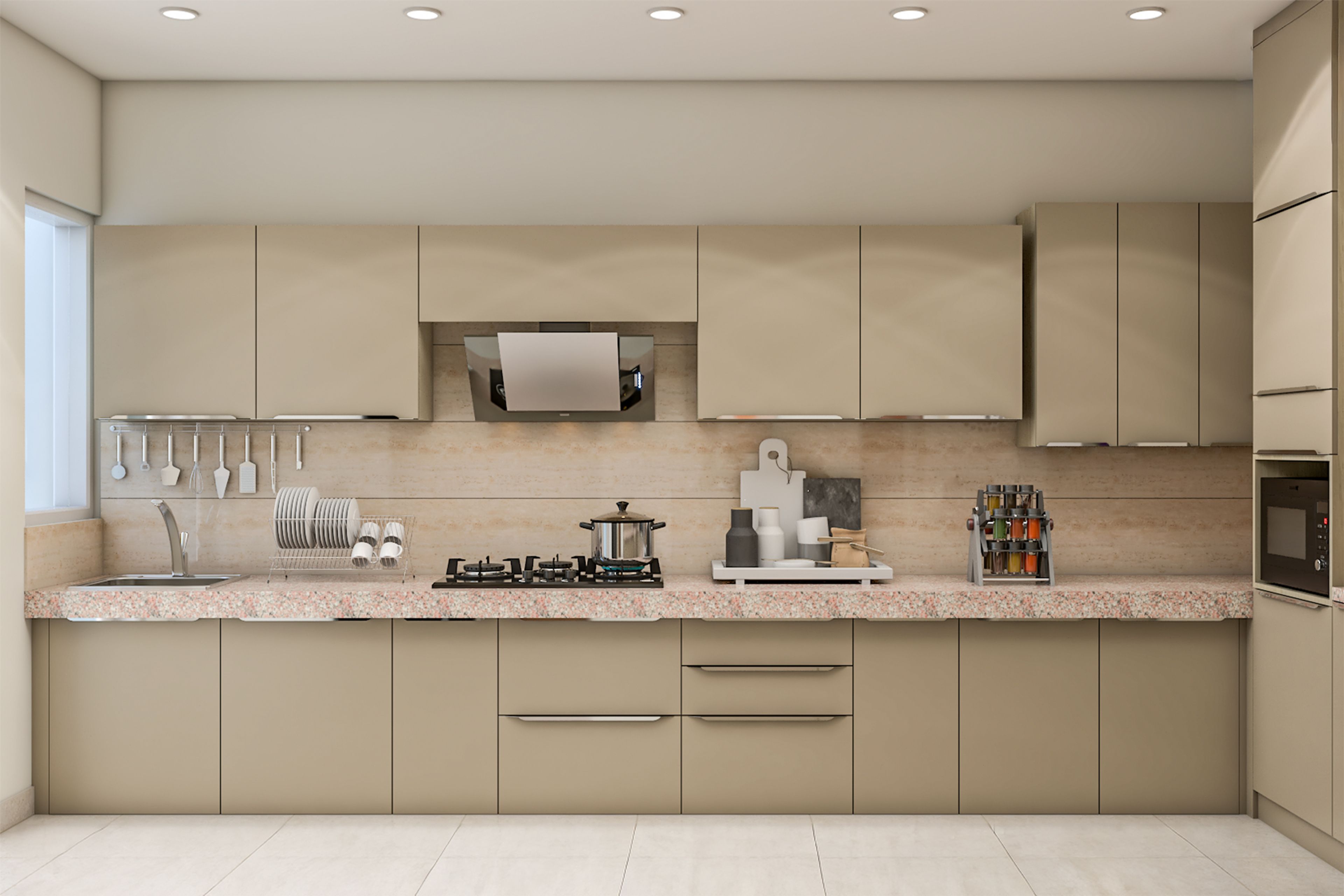 Irish Cream L-Shaped Kitchen Design with Quartz Countertop and Suede Finish Cabinets