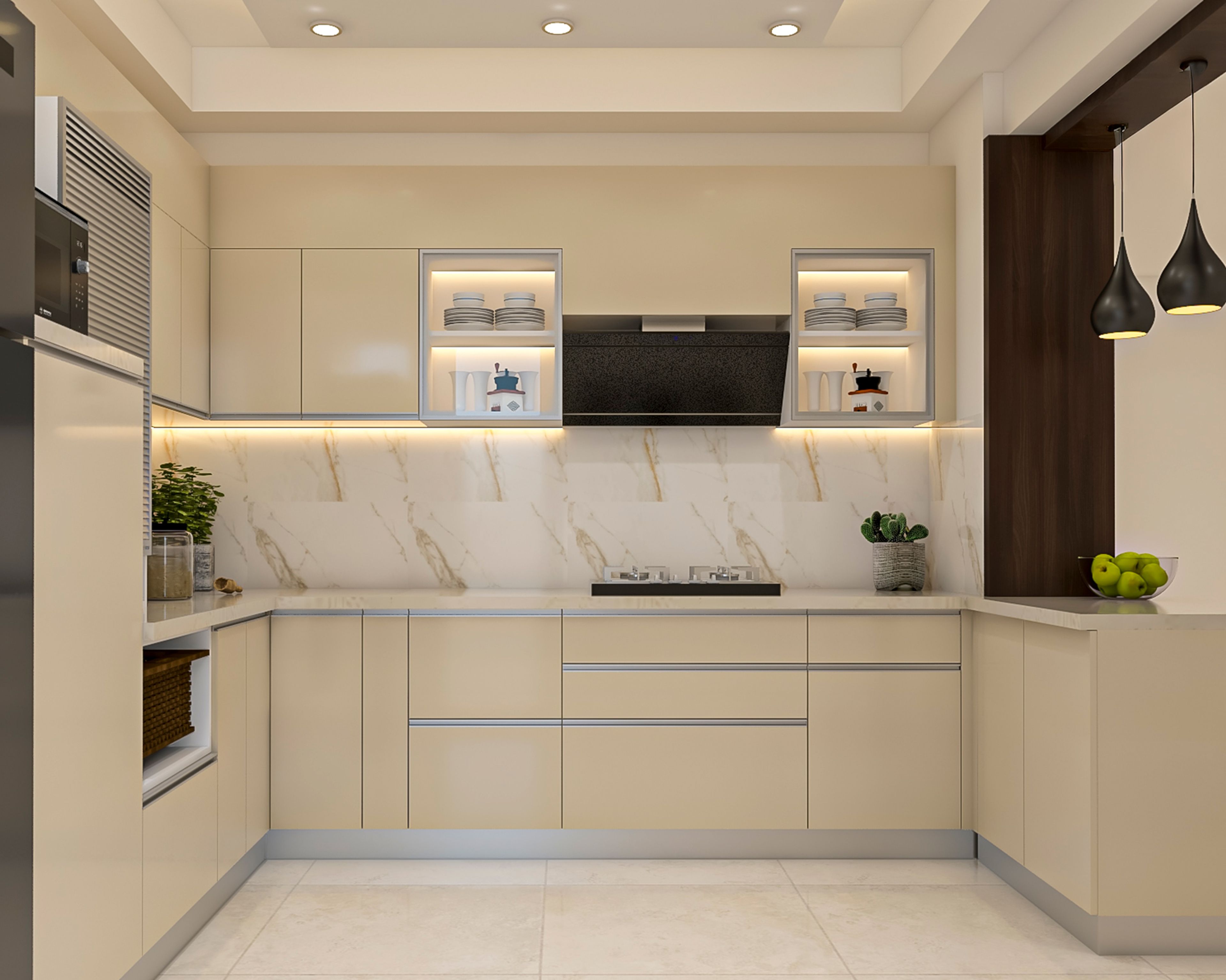 Irish Cream U-Shaped Kitchen Design with Glass Cabinets and Breakfast Seating Countertop