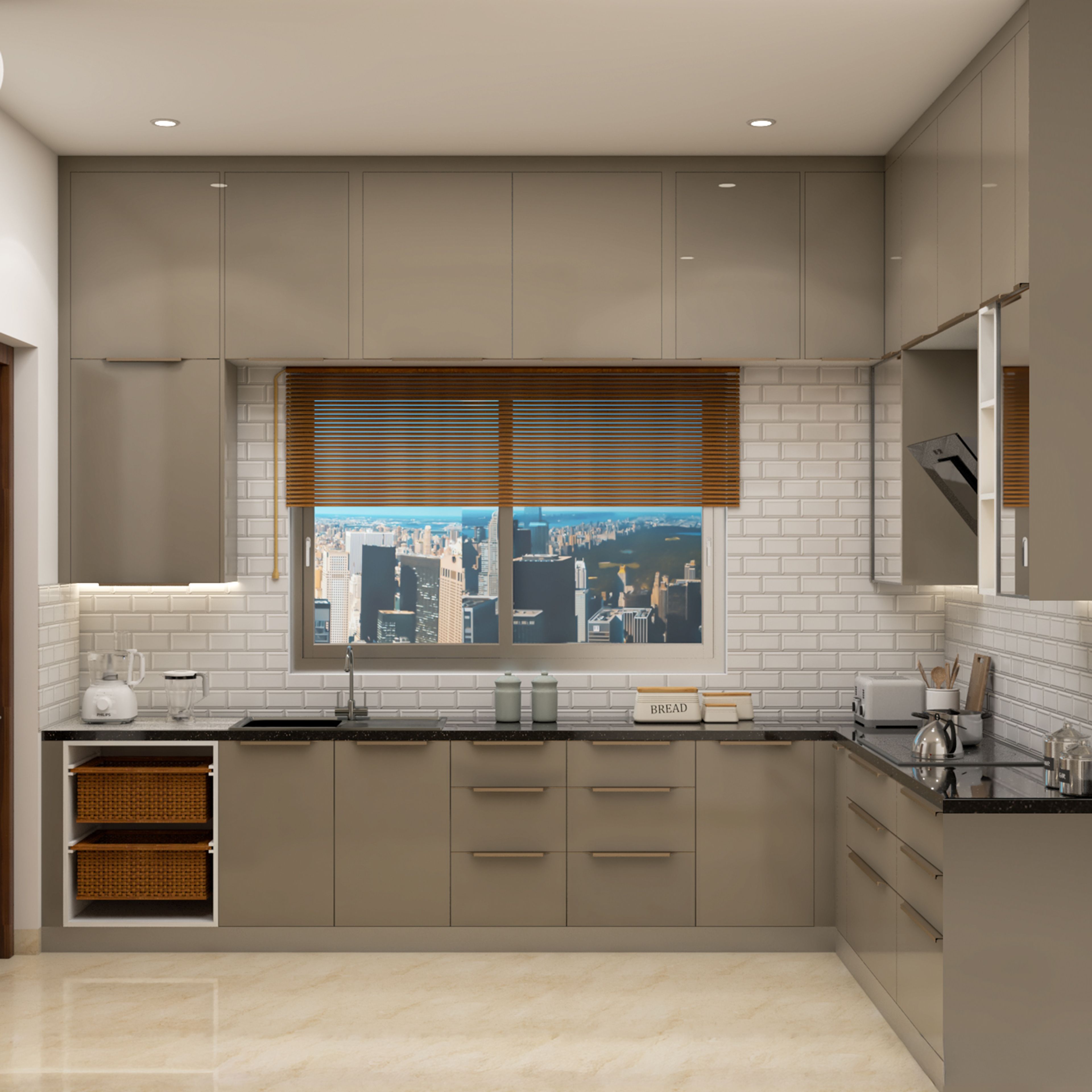 Cappuccino L-Shaped Kitchen Design with Open Corner Shelves
