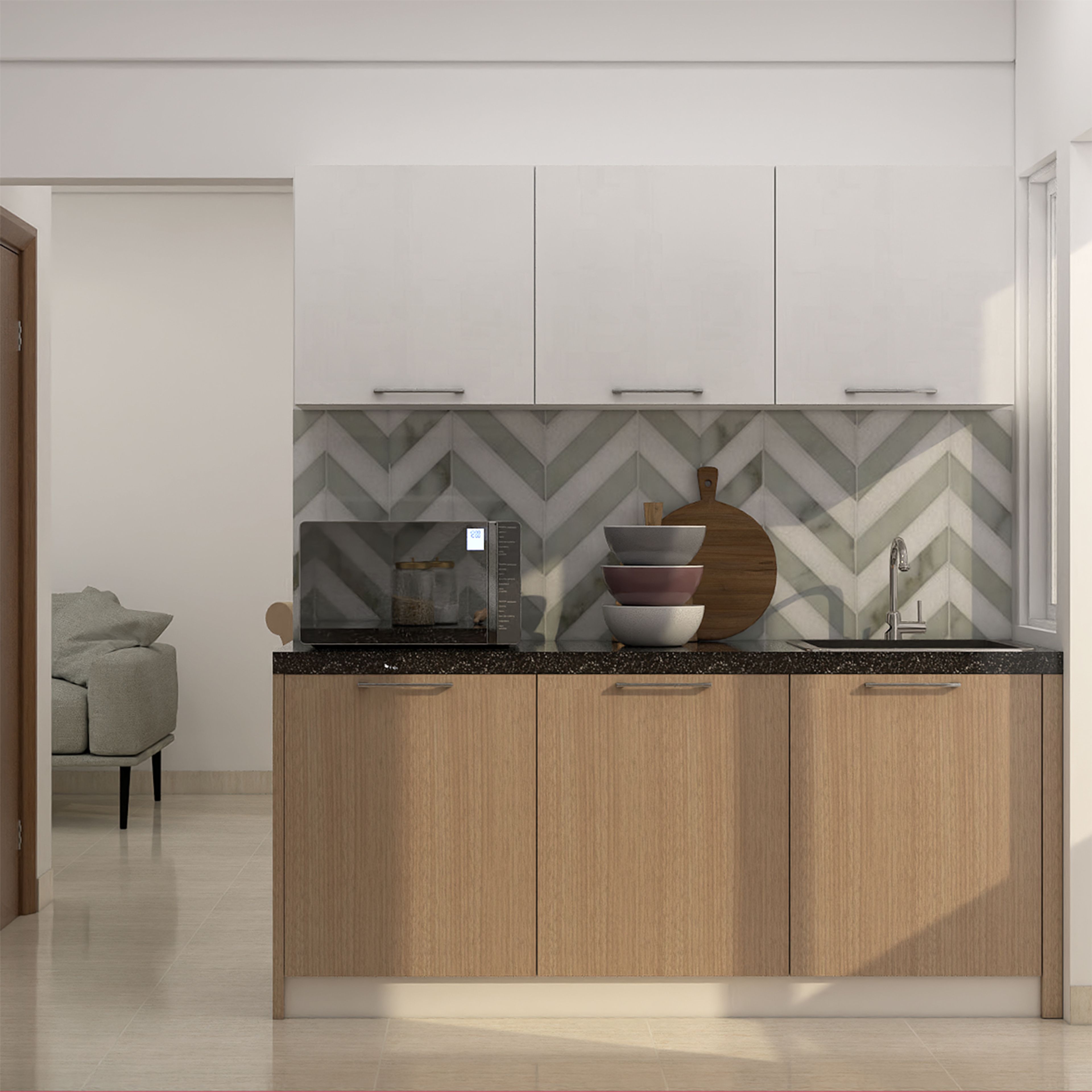 Bamboo Accent Parallel Kitchen Design with Chevron Backsplash