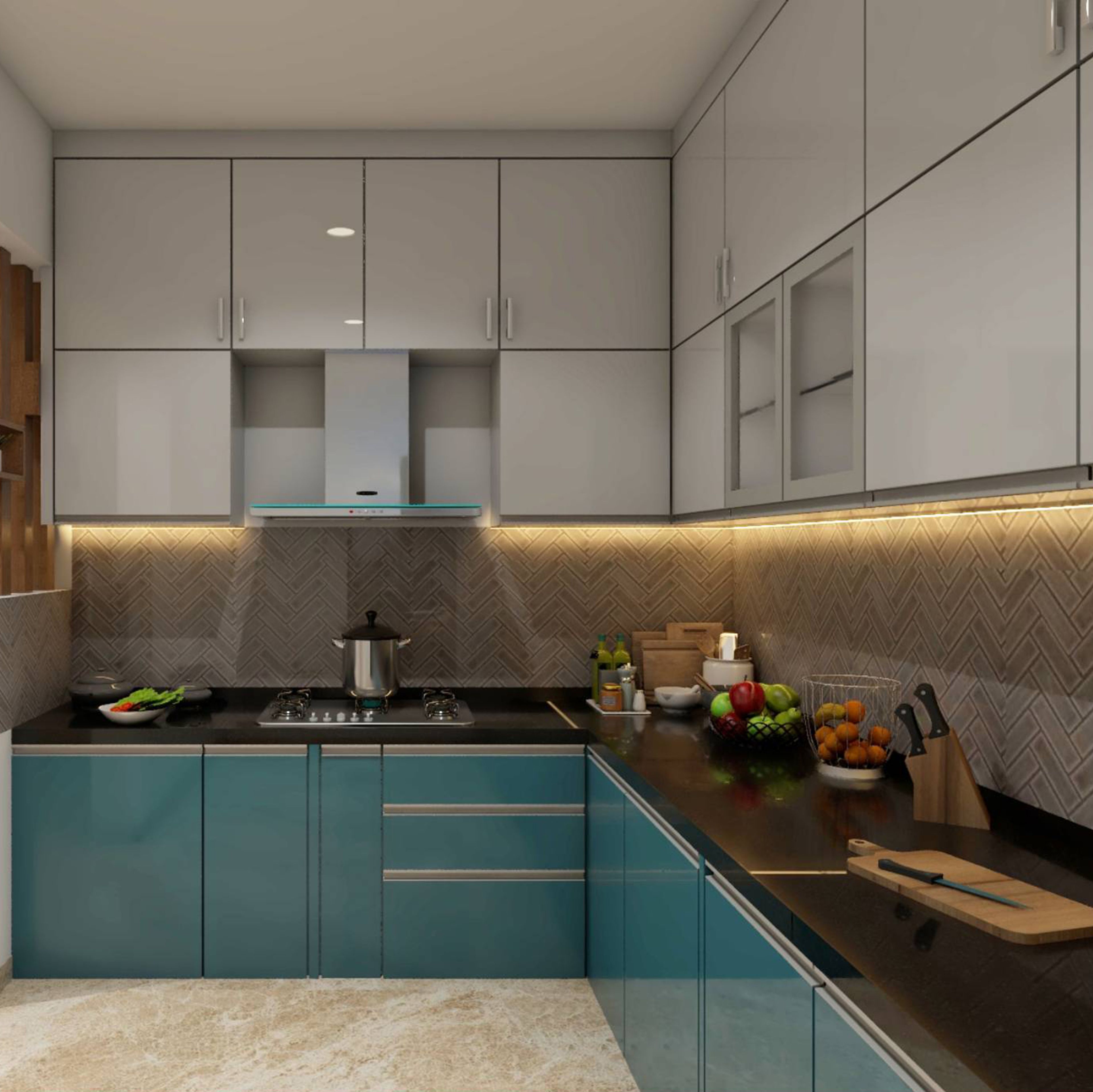 Teal Base L-Shaped Kitchen Design with Glass Cabinets