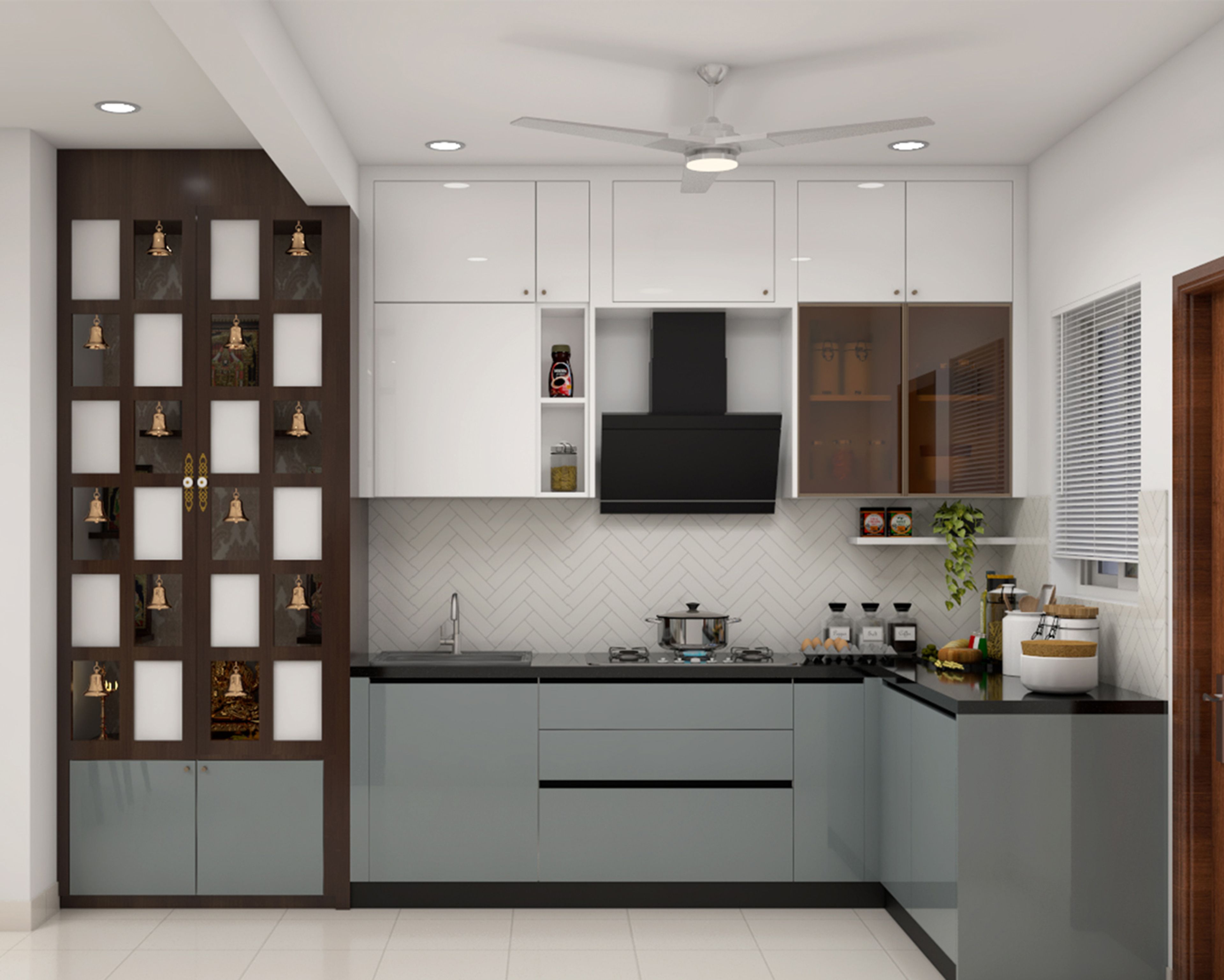 Modern Silver and White L-Shaped Kitchen Design with Beverage Station Storage
