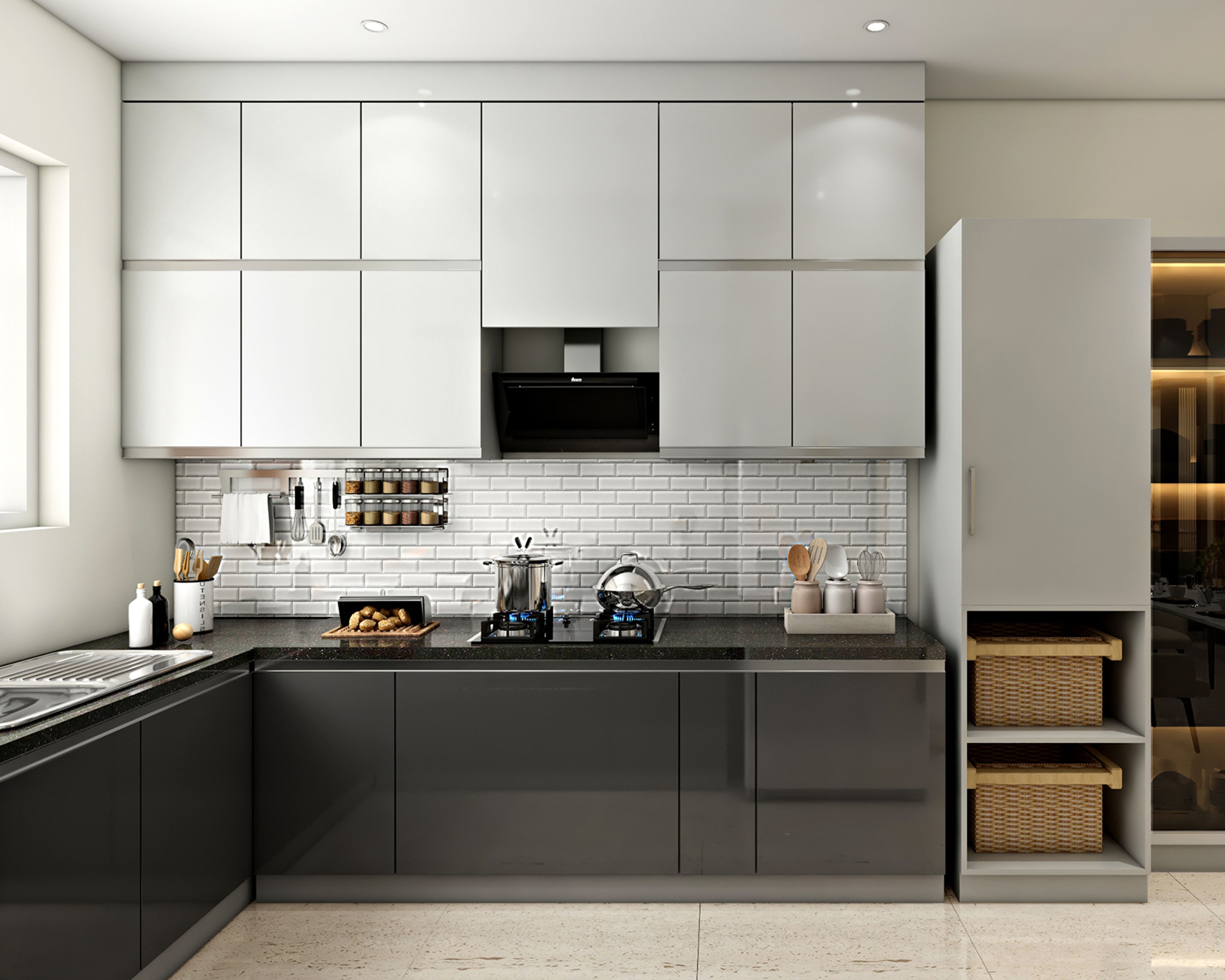 Modern Grey and White U-Shaped Kitchen Design with Wine Rack Storage