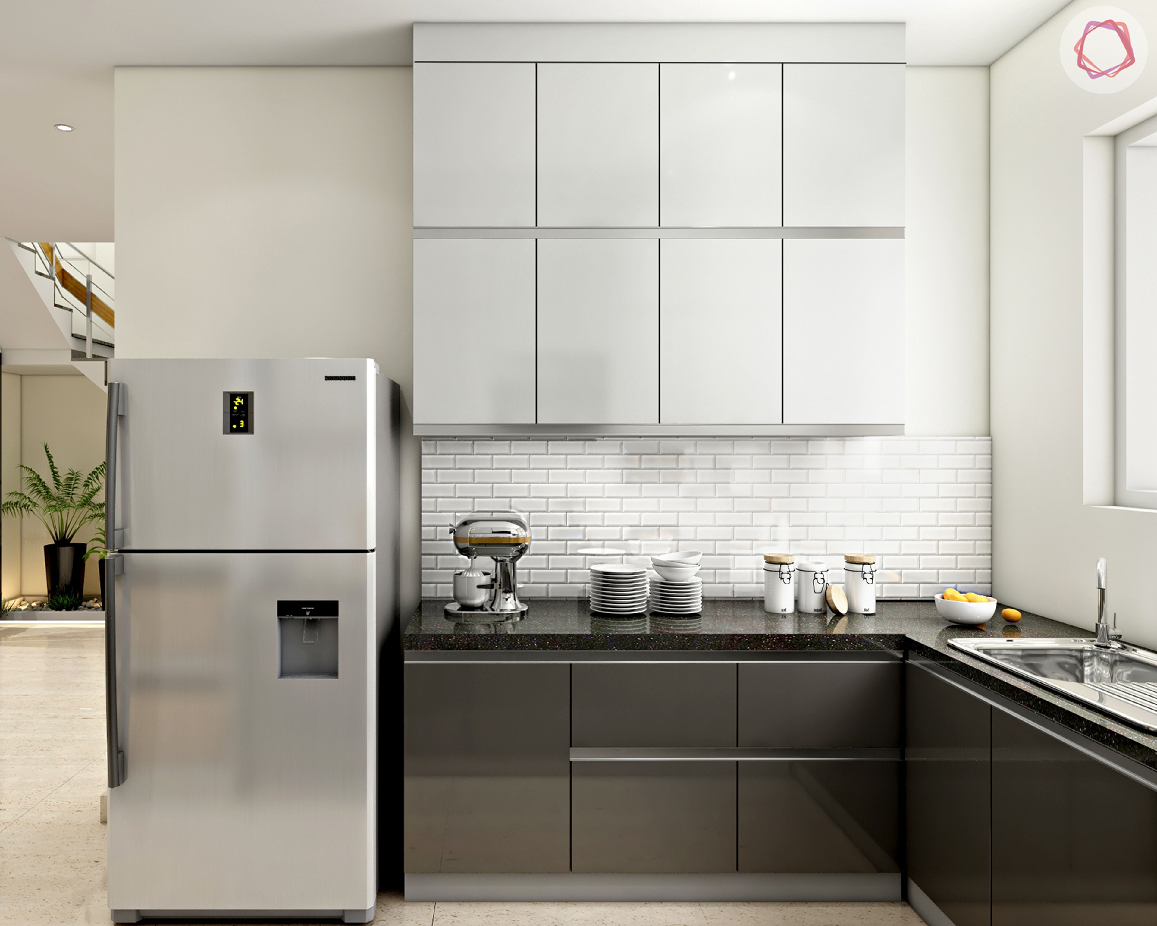 Modern Grey and White U-Shaped Kitchen Design with Wine Rack Storage