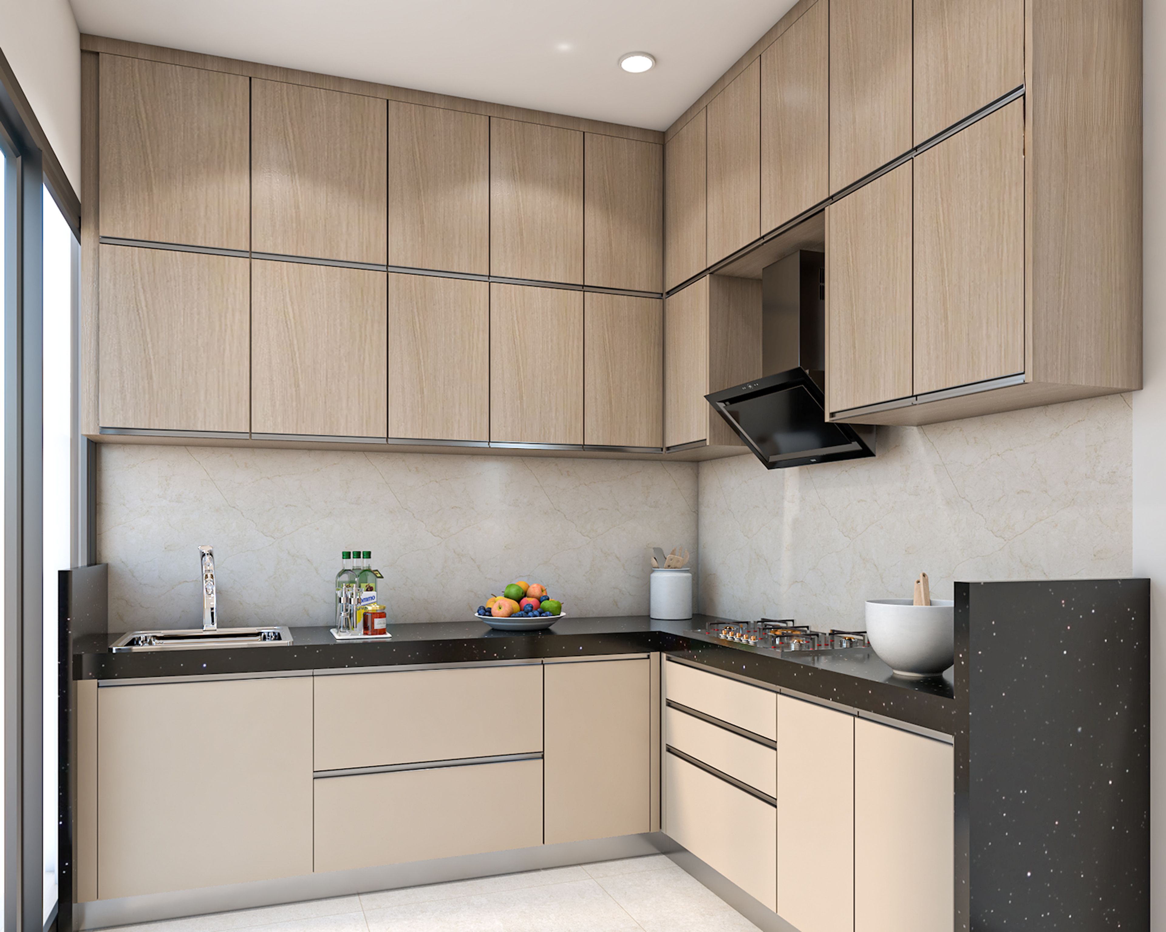 Wood-Finish Contemporary L-Shaped Kitchen Design with Dark Granite Countertop