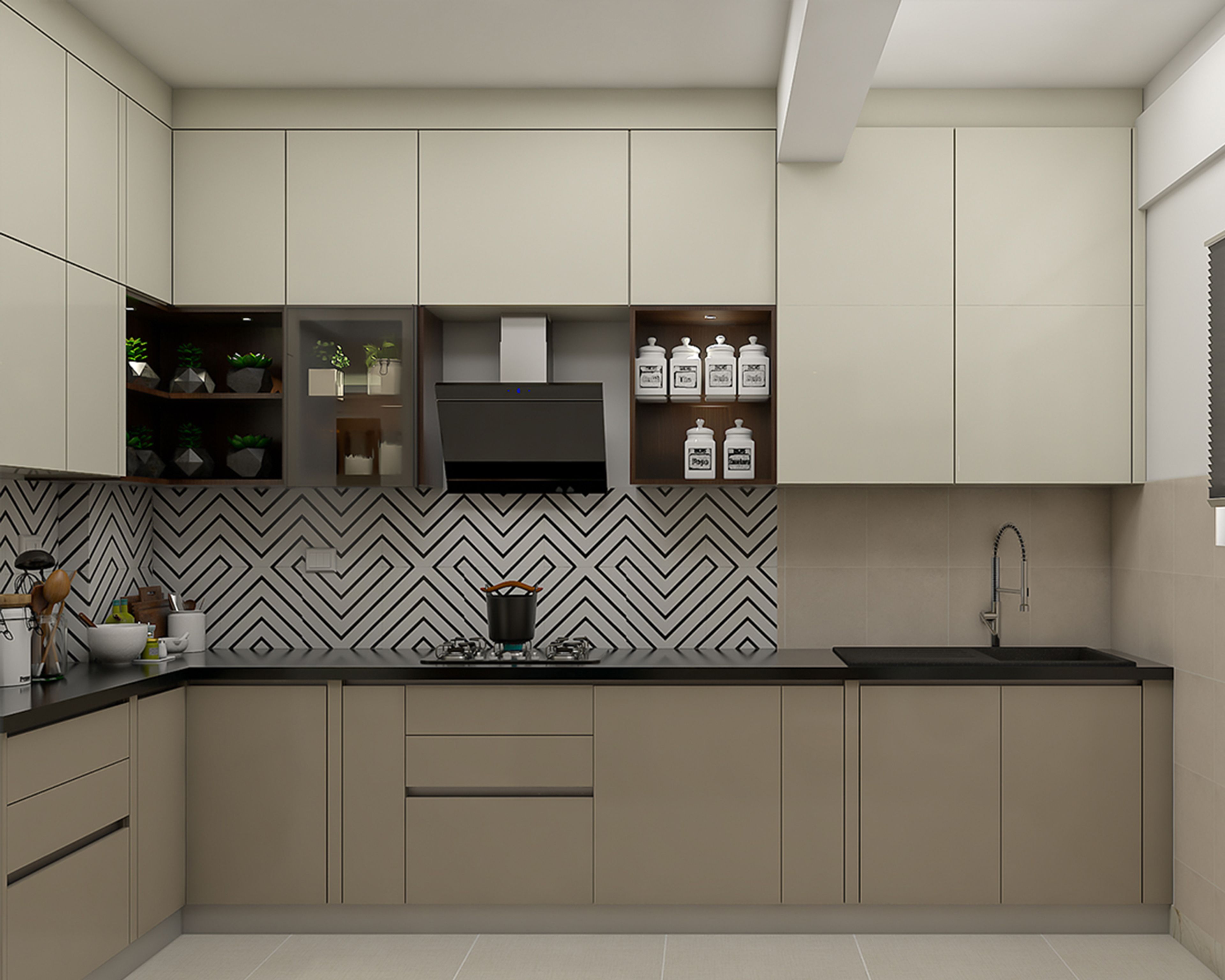 Modern Cream and White L-Shaped Kitchen Design with Herringbone Backsplash