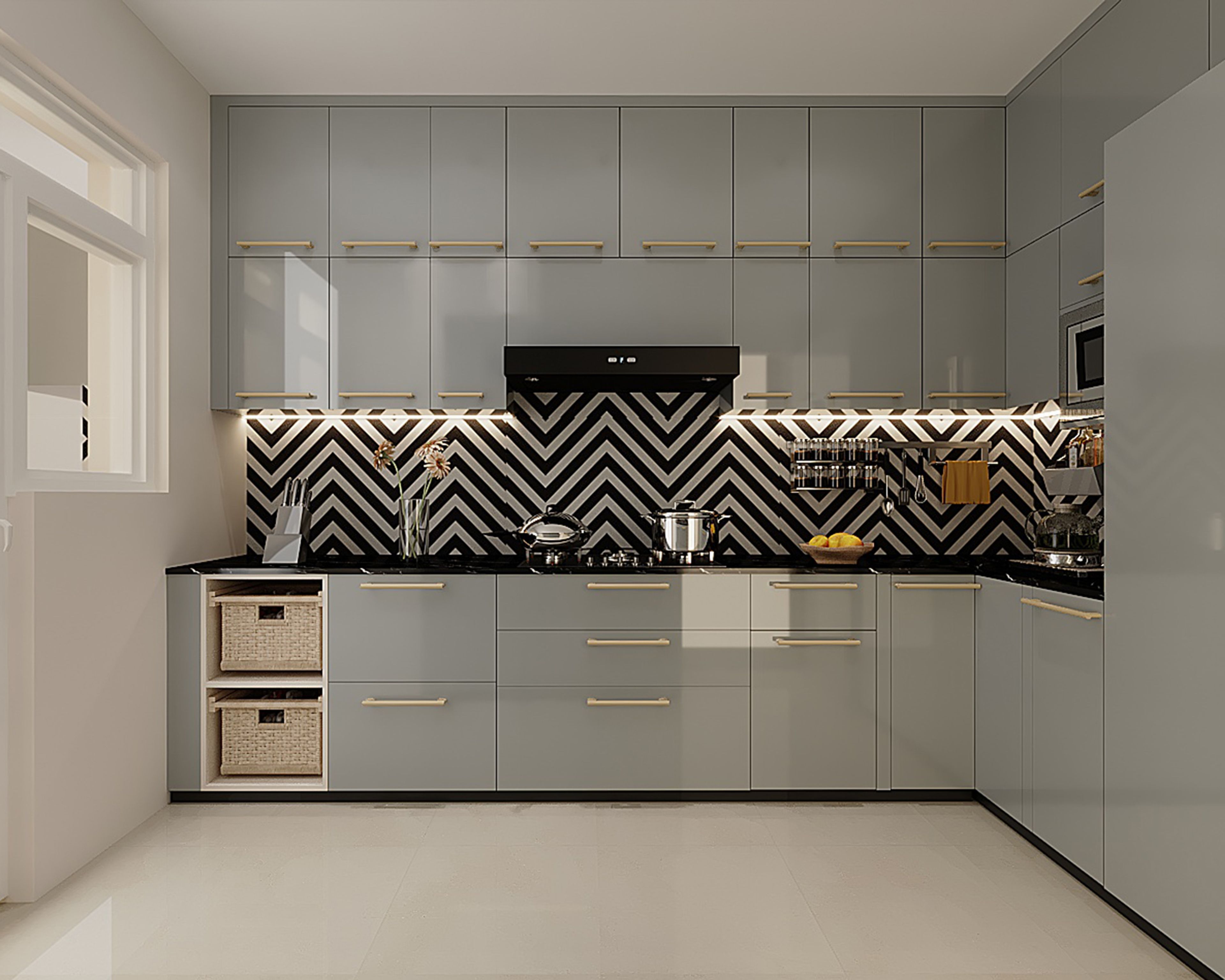 Grey L-Shaped Modern Kitchen Design with Chevron Tile Backsplash and Glass Display Niches