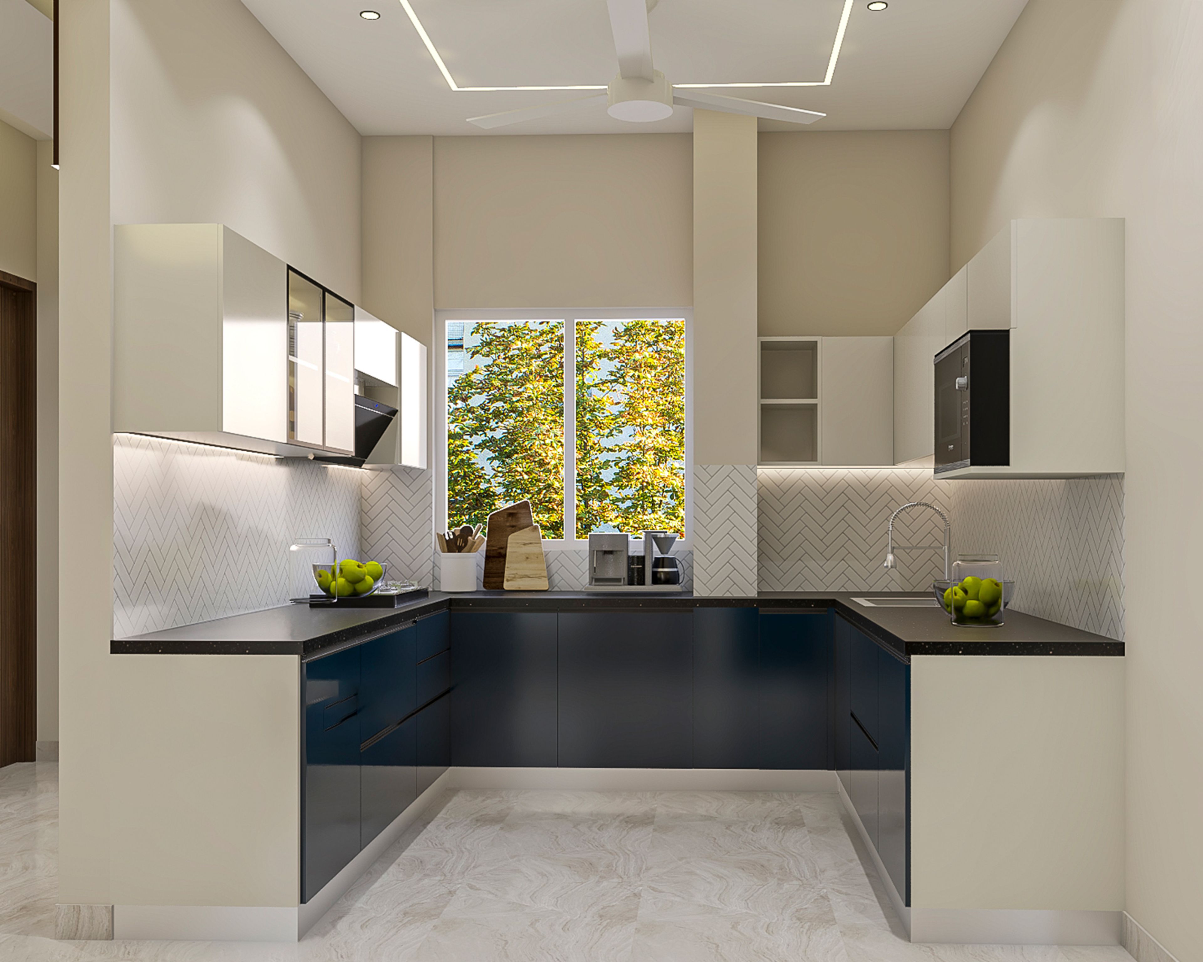 White and Shore Modern U-Shaped Kitchen Design with Open Window Shelves