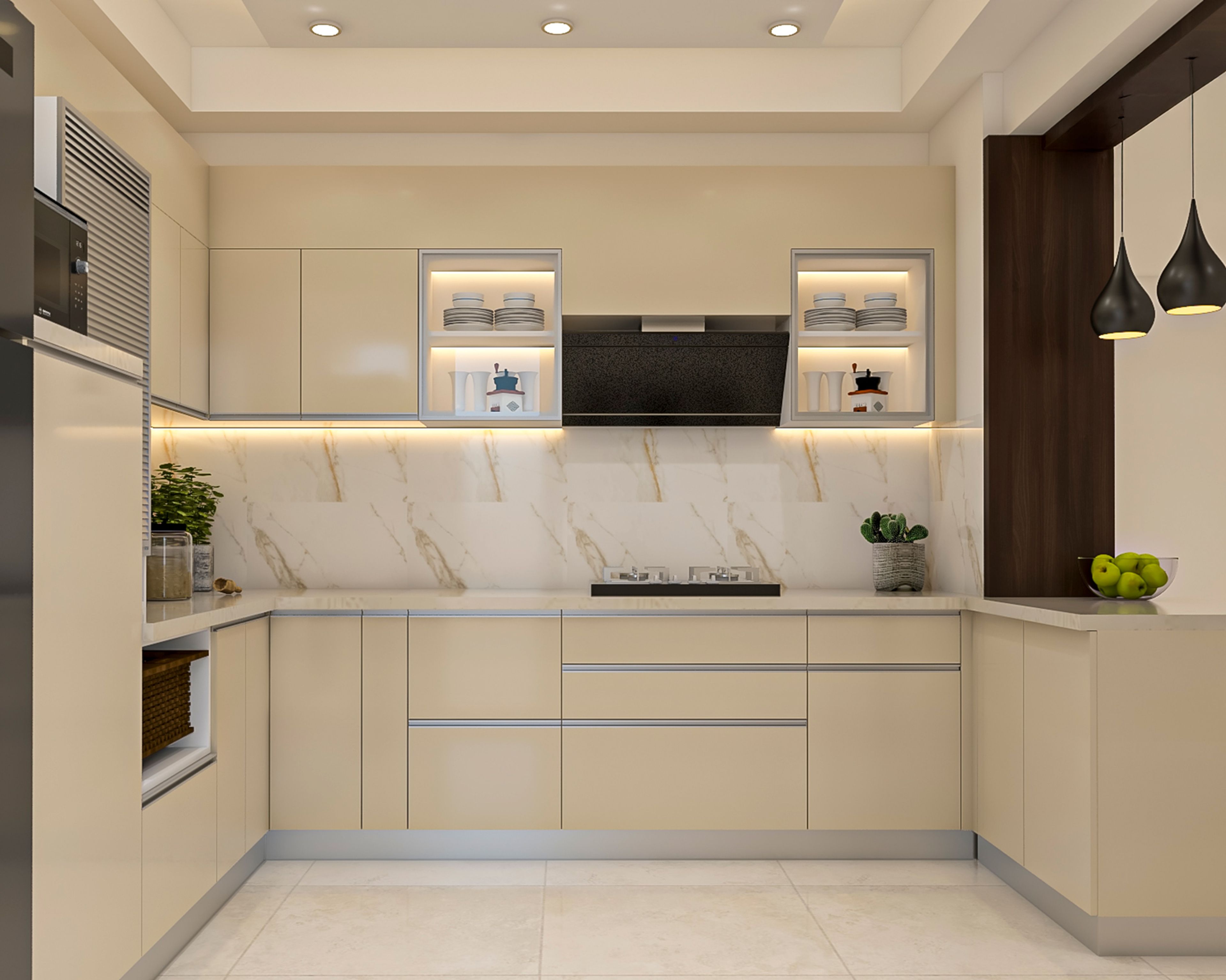 U-Shaped Minimal Cream Kitchen Design with Marble Countertops and Tall Cabinets