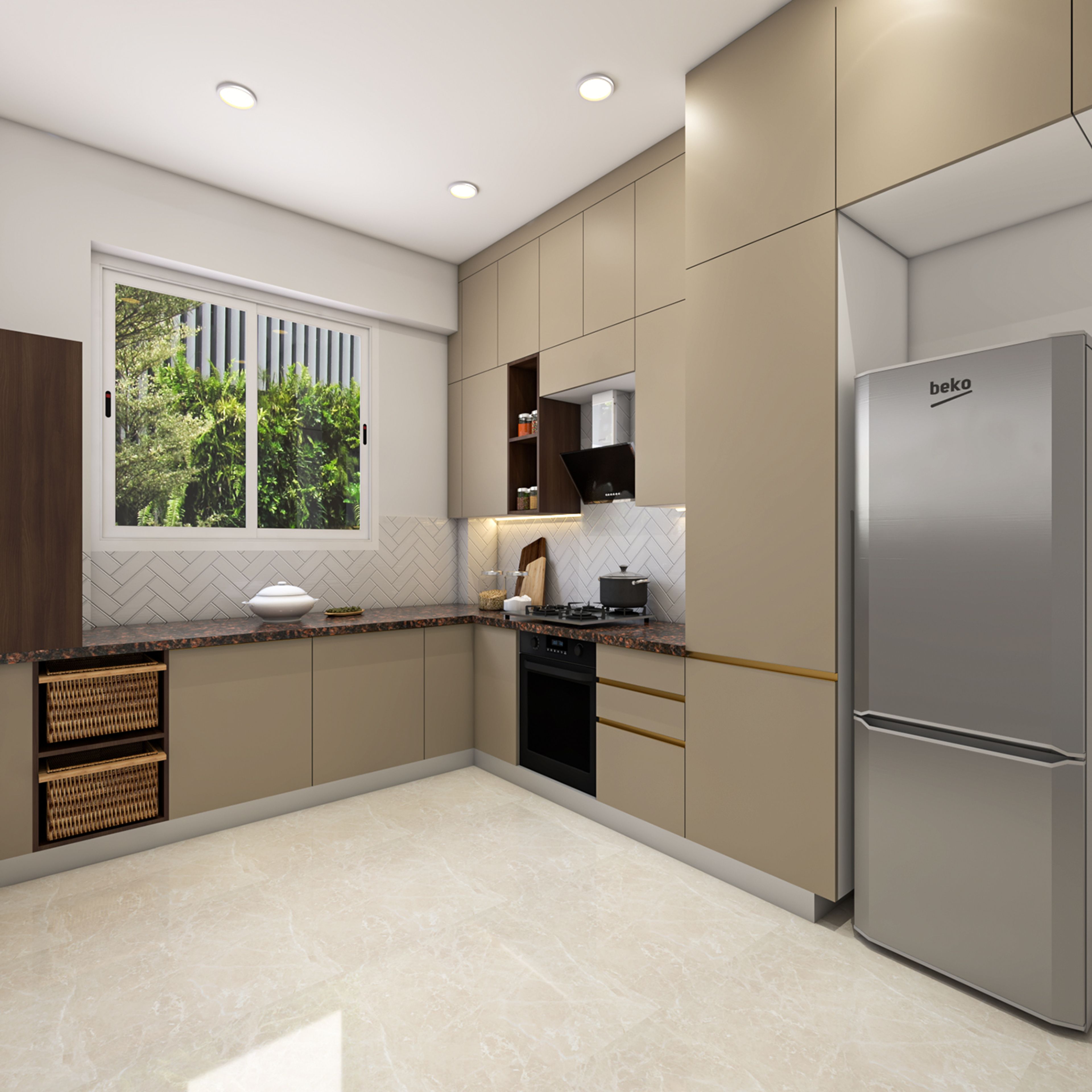 Contemporary Cream L-Shaped Kitchen Design with Wine Storage Alcove