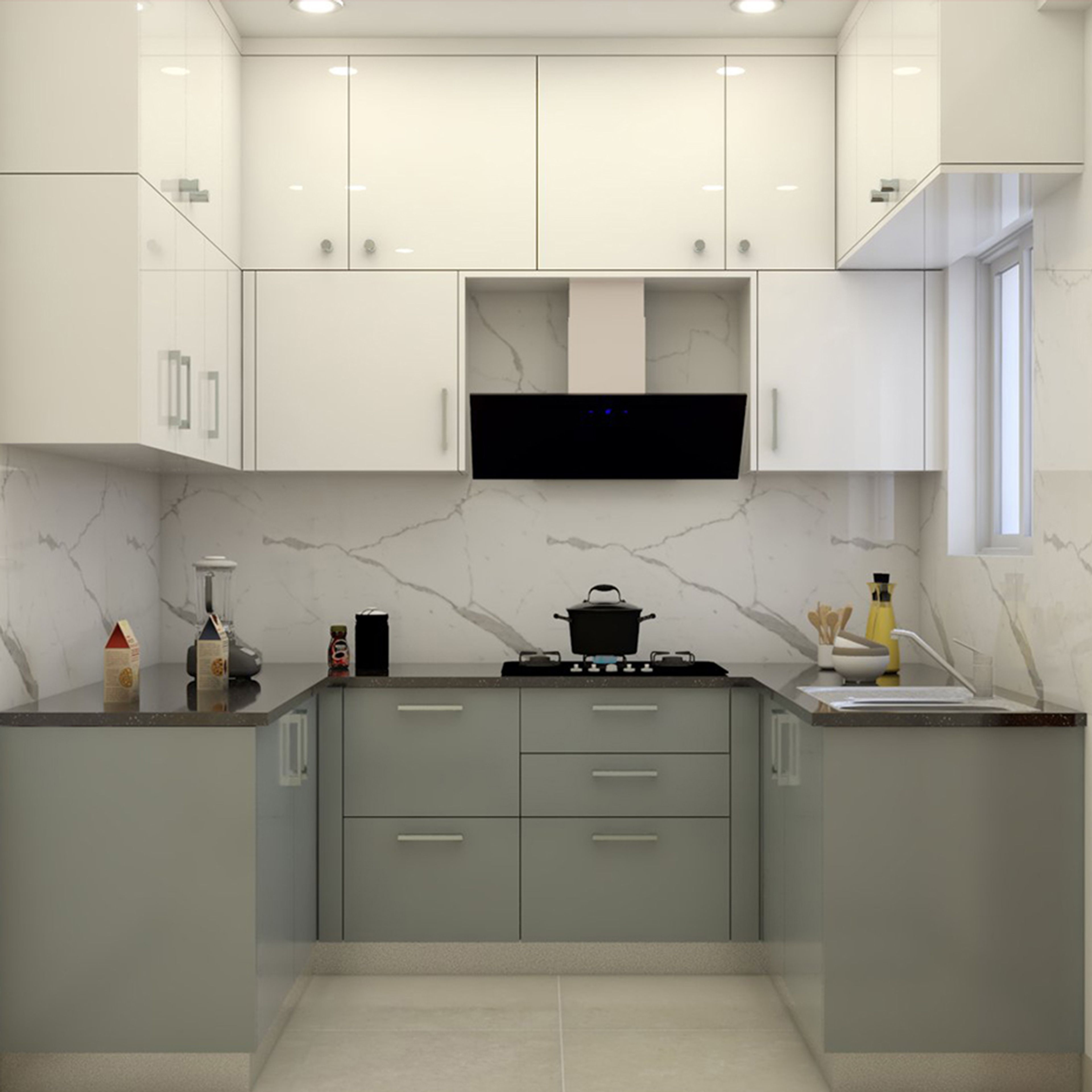 Modern Silver and White U-Shaped Kitchen Design with Marble-Look Backsplash