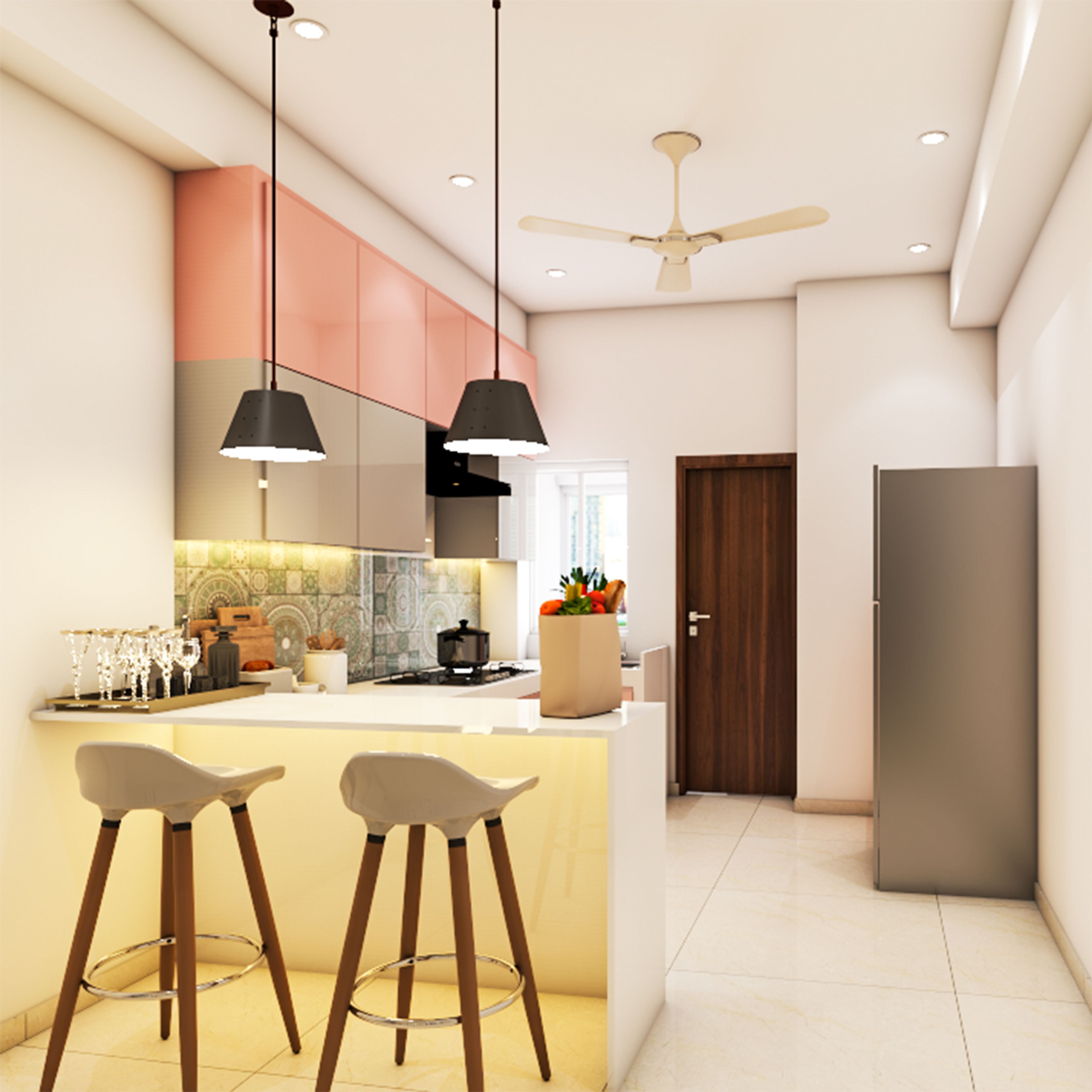 Contemporary U-Shaped Kitchen Design with Blush Pink and Grey Cabinets
