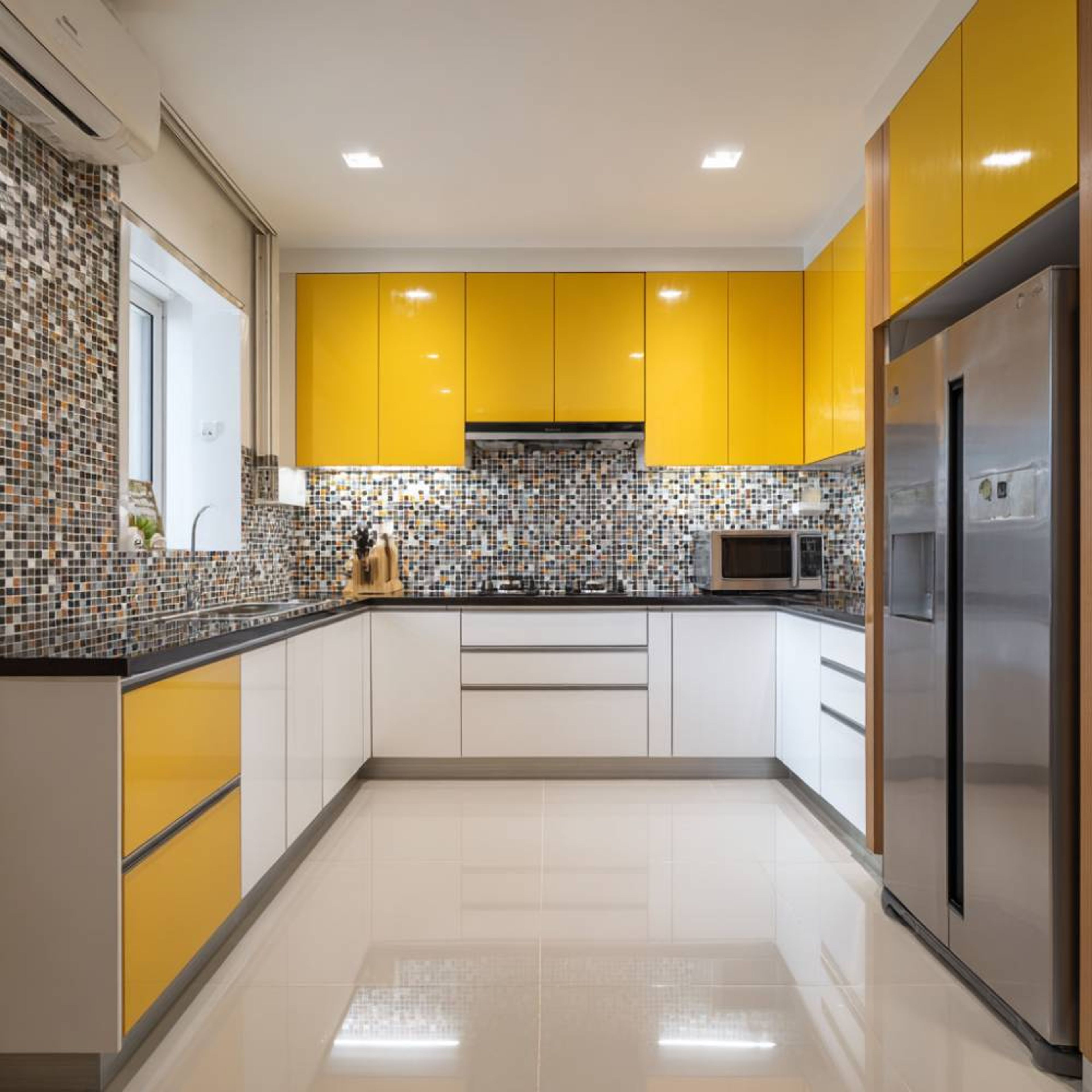 U-Shaped Kitchen Design with Glossy Yellow and White Cabinets and Granite Top