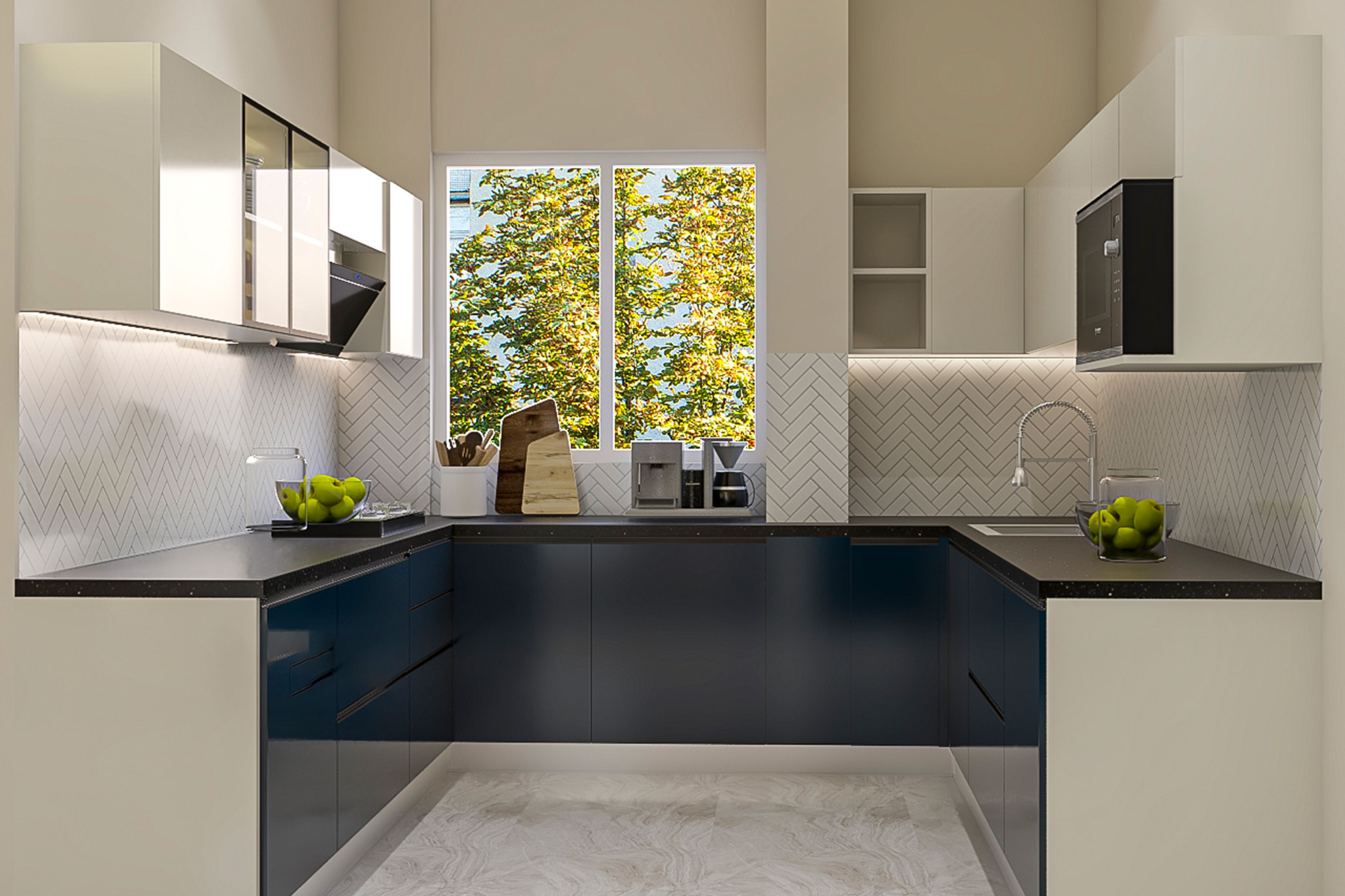 Blue and White Modern U-Shaped Kitchen Design with Granite Countertop and Corner Units