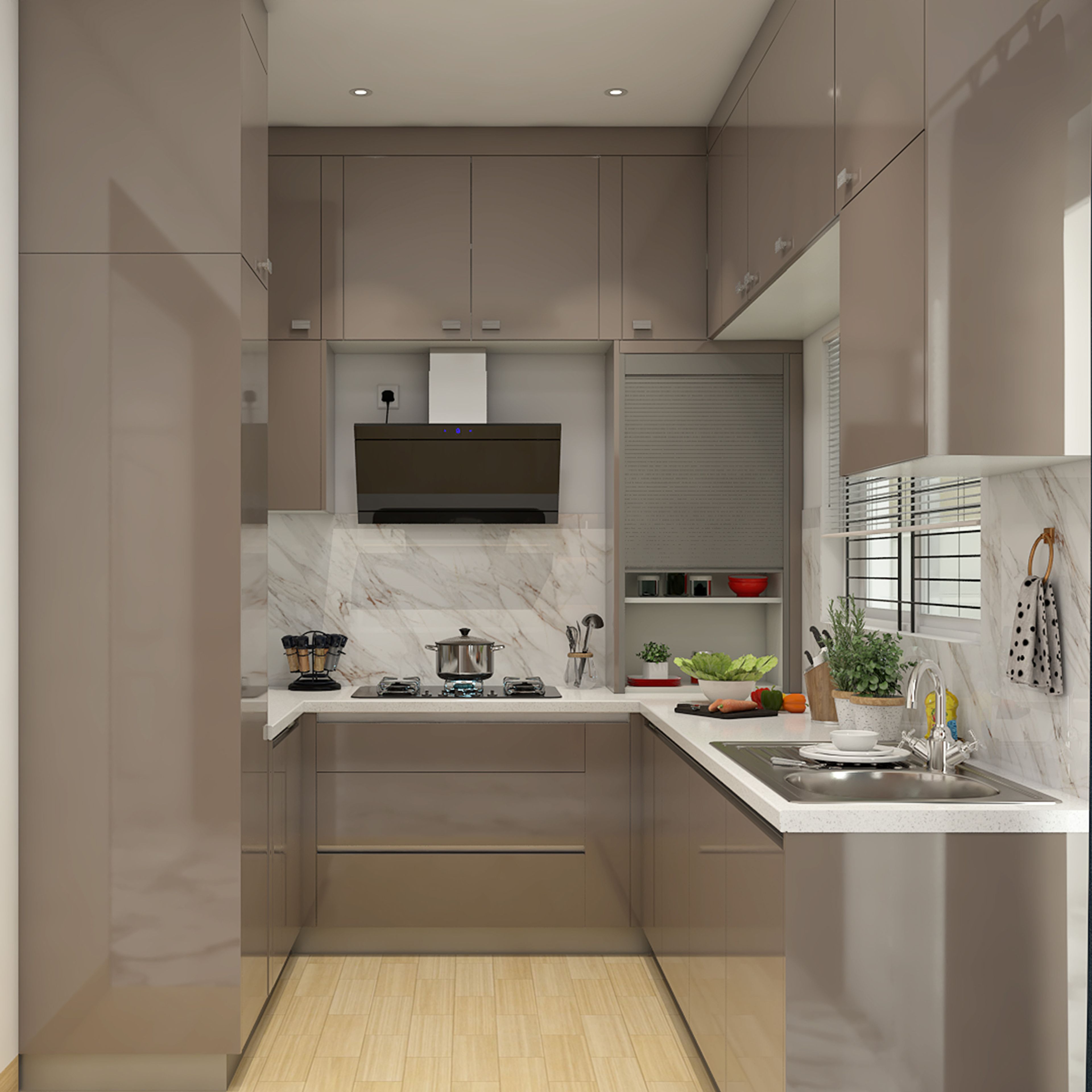 Modern U-Shaped Kitchen Design with Quartz Countertop and Glossy Cabinets