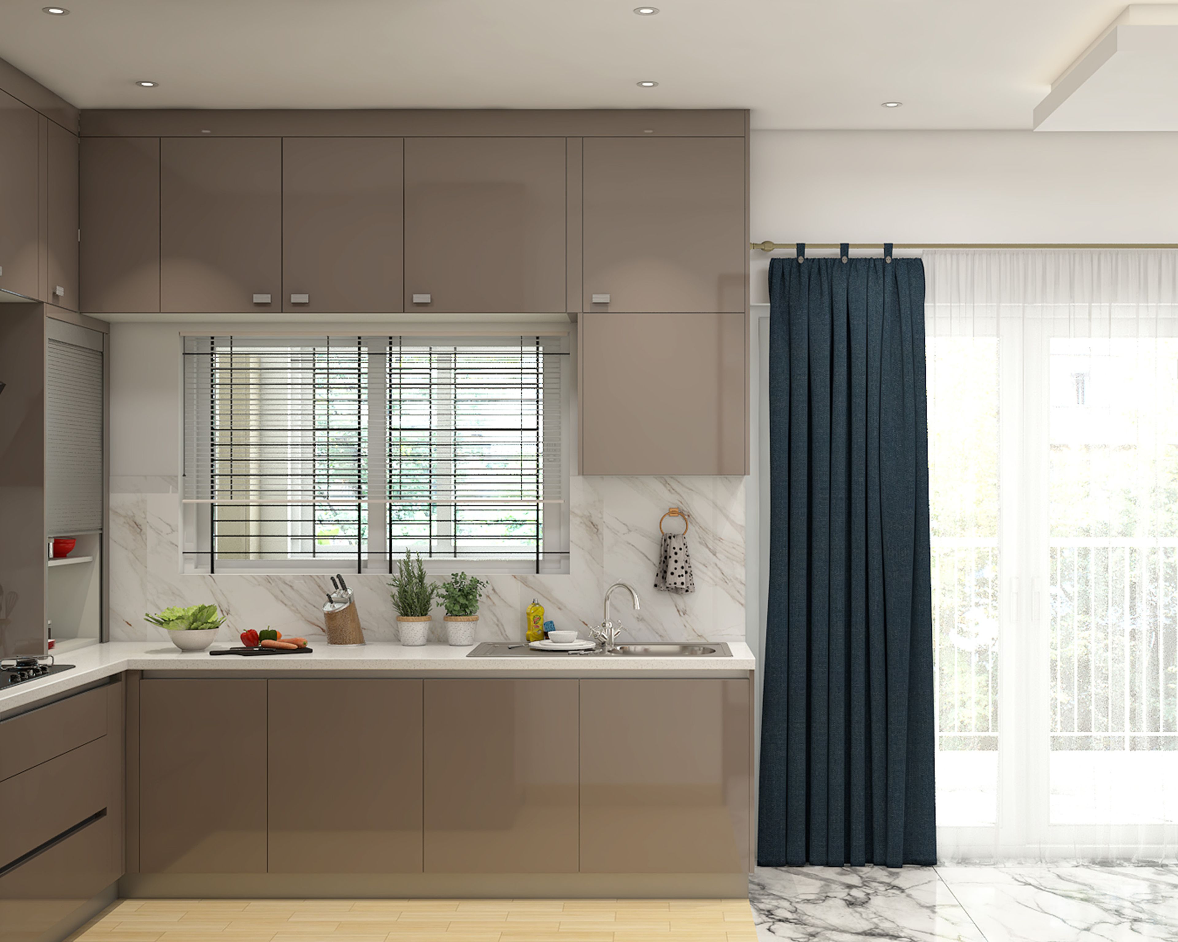 U-Shaped Kitchen Design with Quartz Countertop and Glossy Cabinets