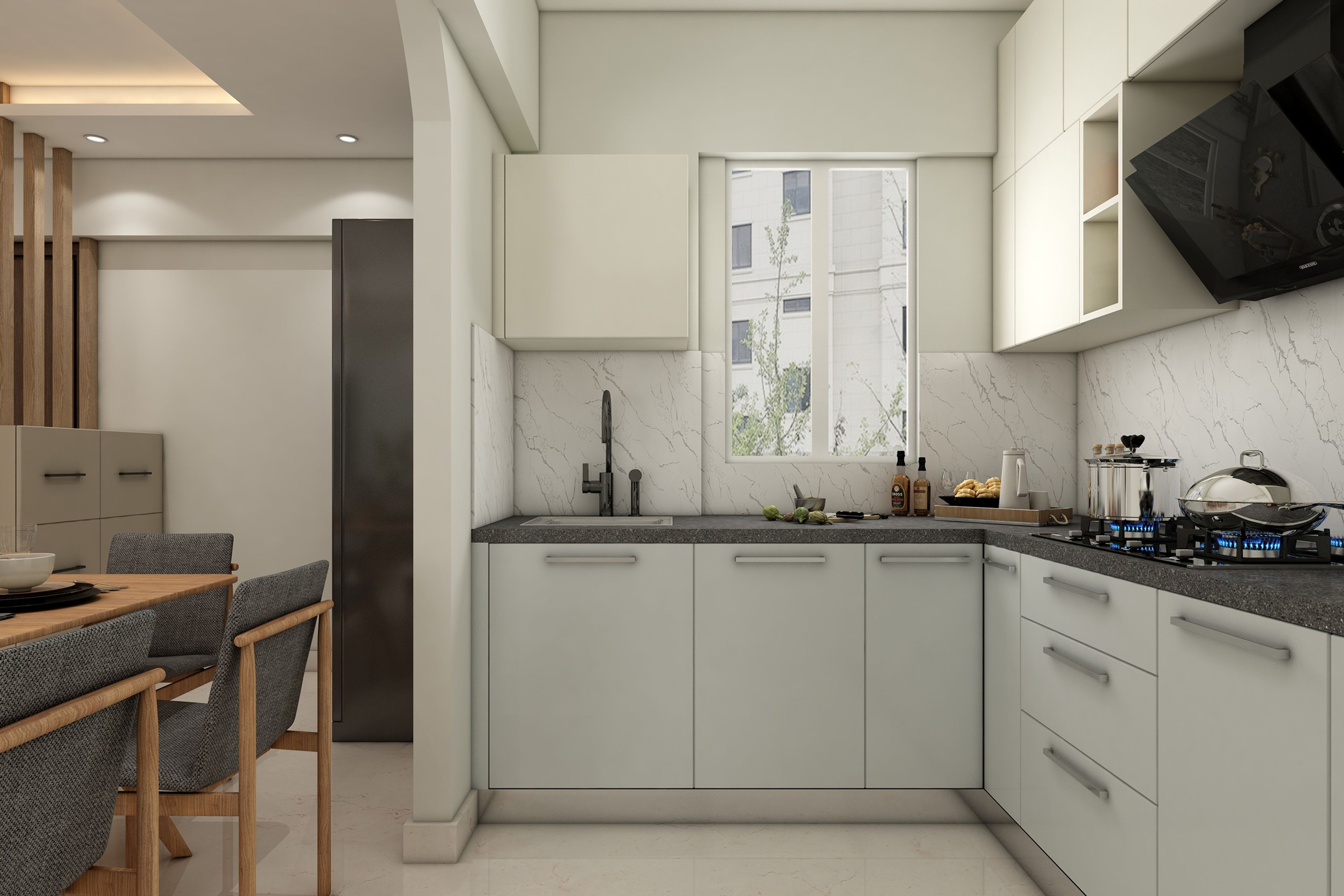 Grey and Champagne L-Shaped Kitchen Design With Granite Countertop