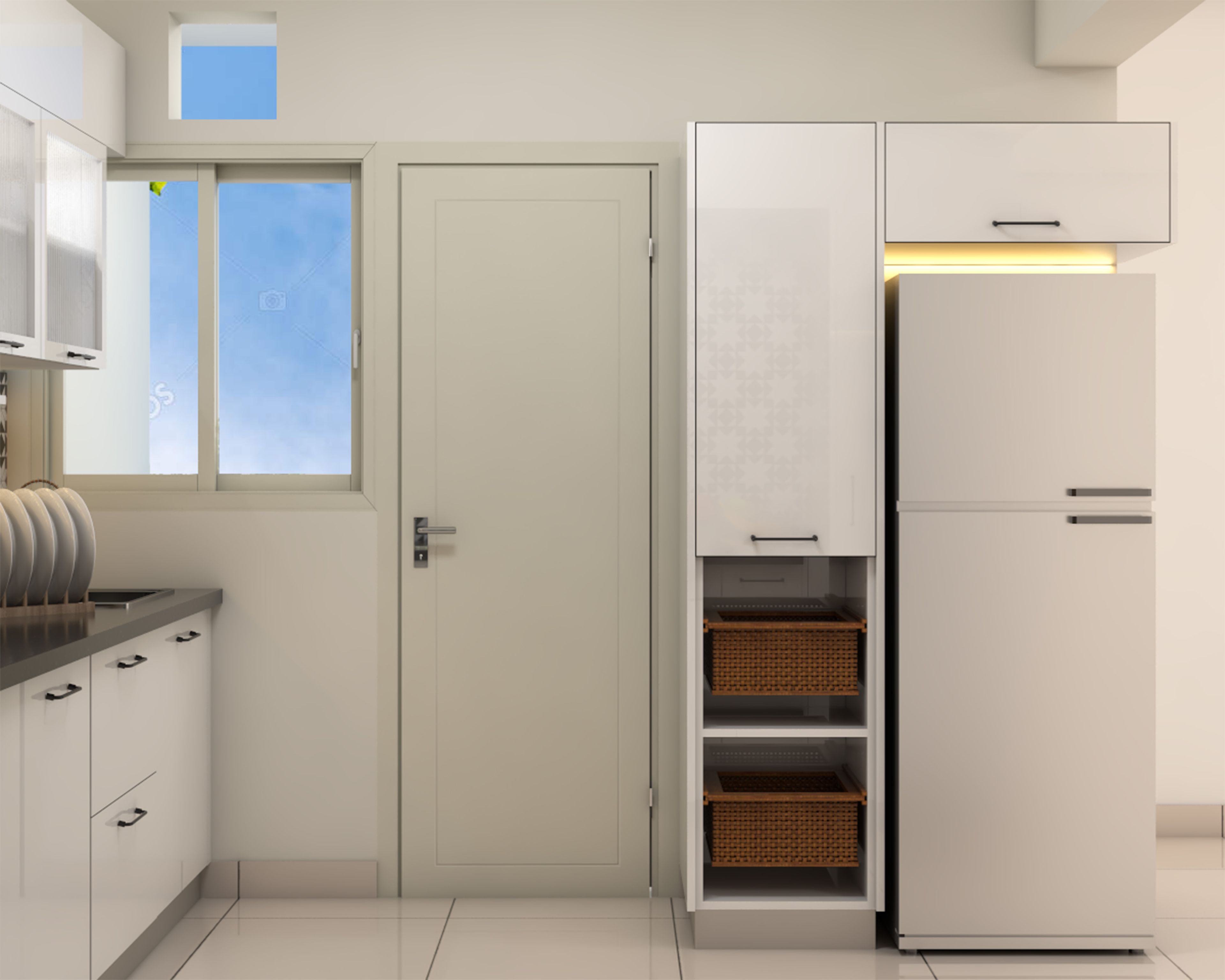 L-Shaped Kitchen Design with High Gloss Cabinets and Granite Countertop