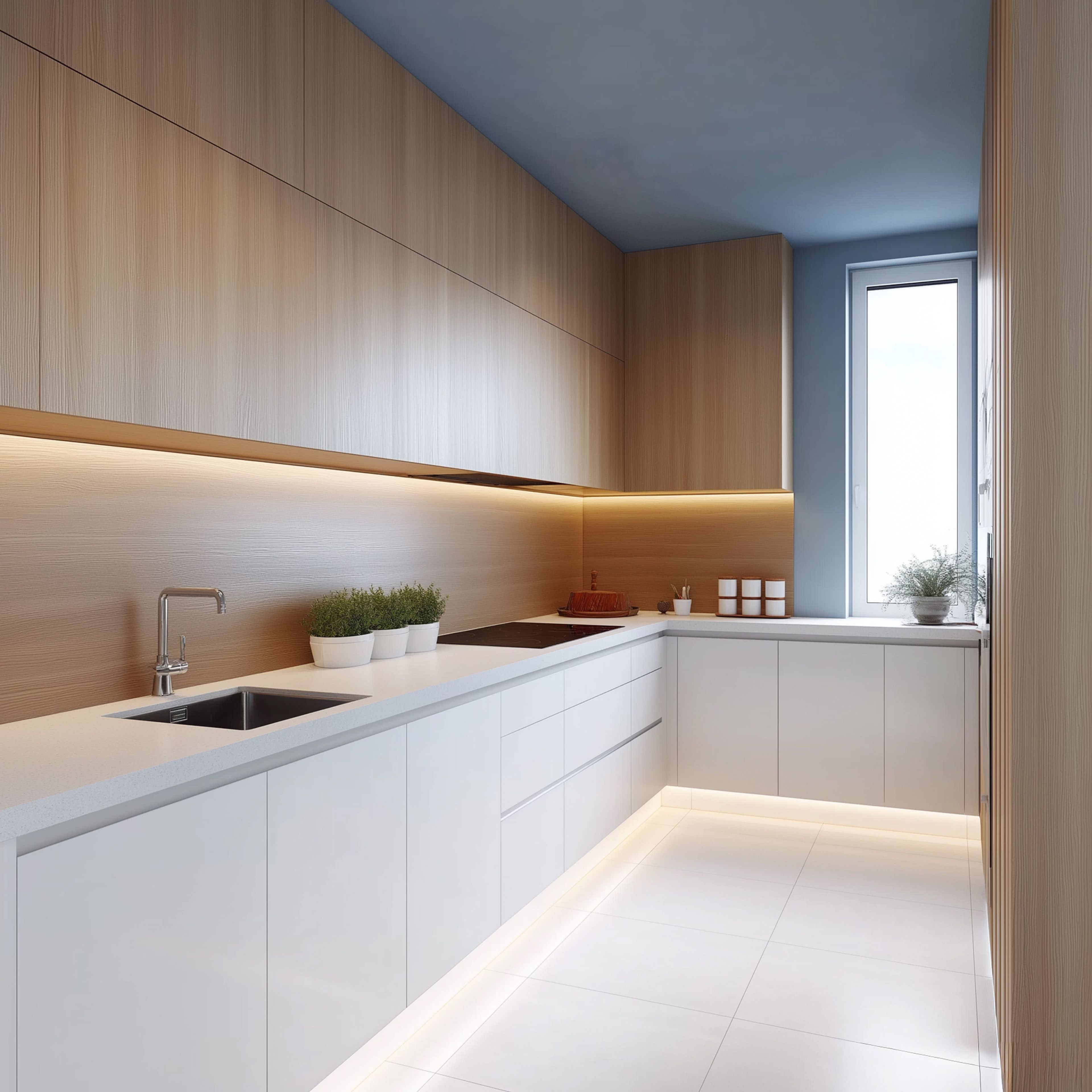 L-Shaped Kitchen Design with White and Walnut Cabinets and Corian Countertop