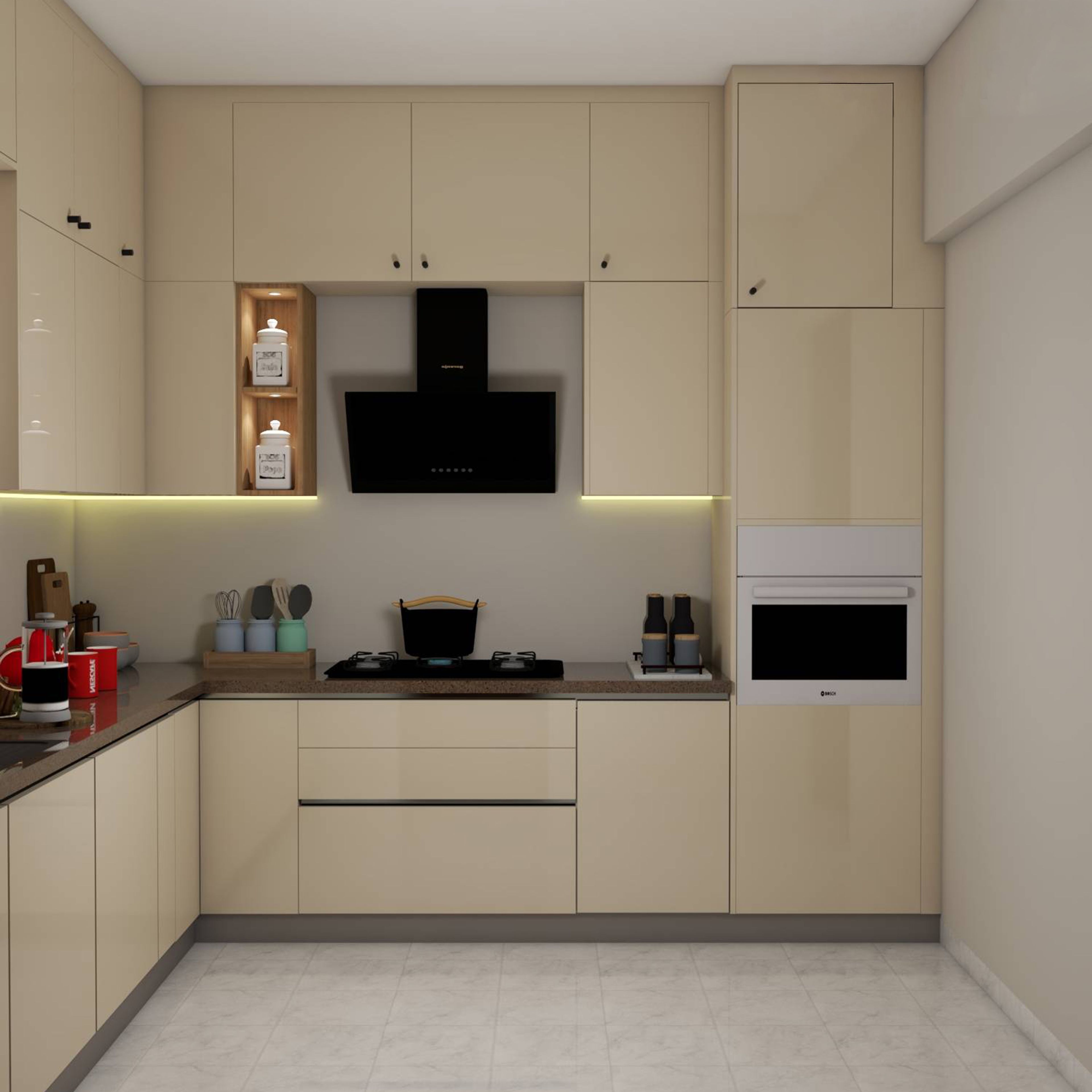 Champagne Contemporary L-Shaped Kitchen Design with Glossy Cabinets and Granite Countertop
