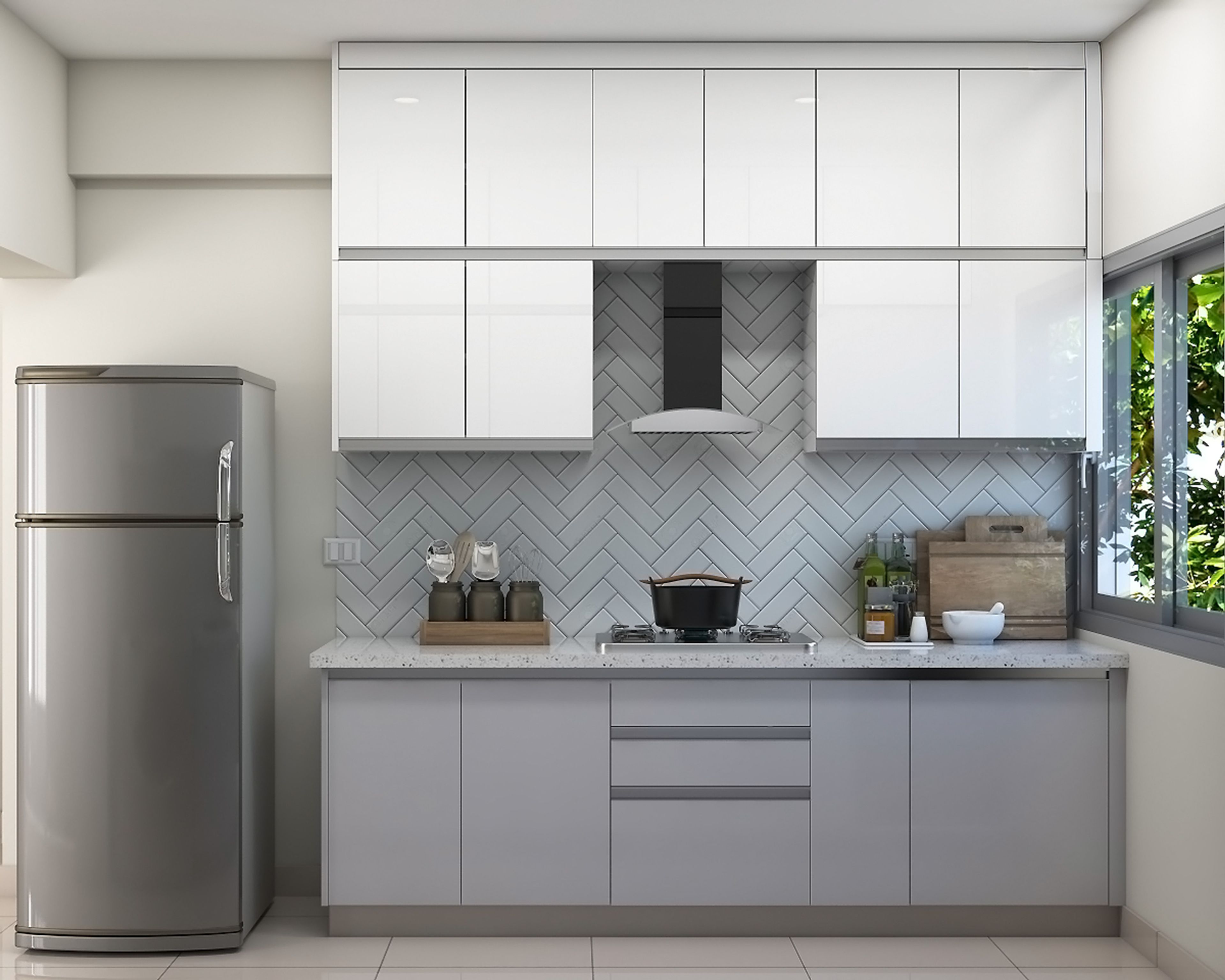 Parallel Kitchen Design with Grey and White Cabinets and Quartz Countertops