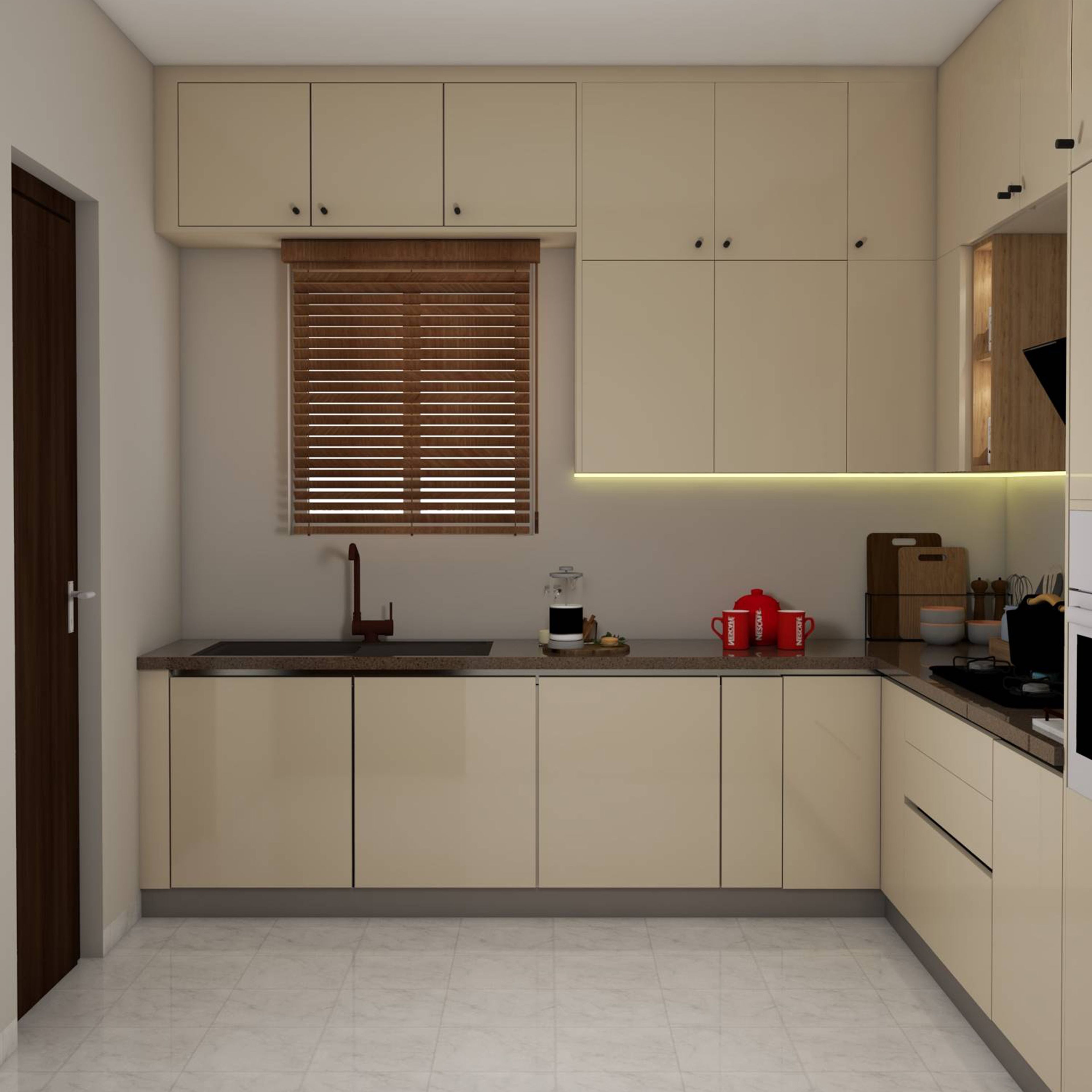 Champagne L-Shaped Kitchen Design with Glossy Cabinets and Granite Countertop