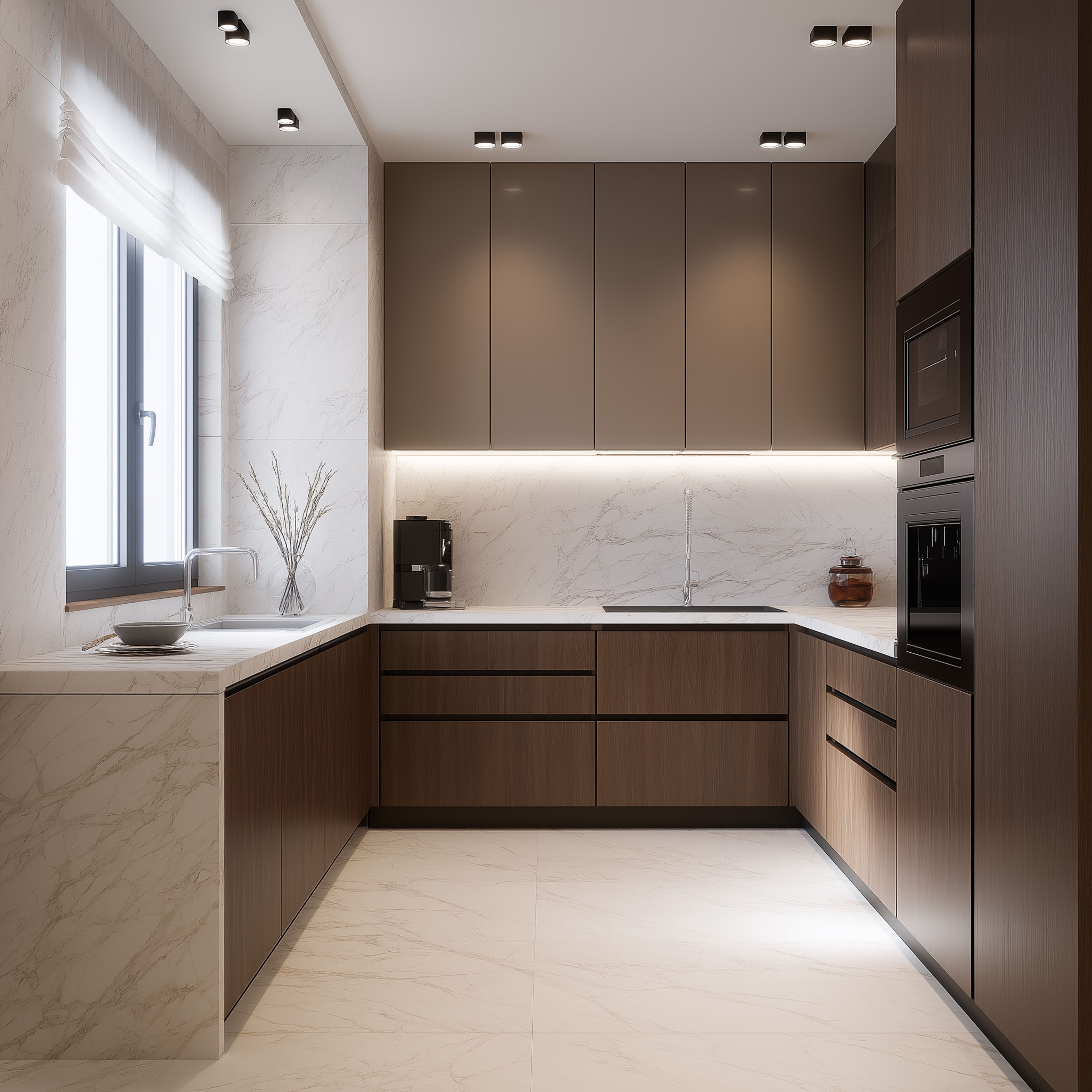 Modern U-Shaped Kitchen Design with Quartz Counter, Corner Storage and Quartz Top