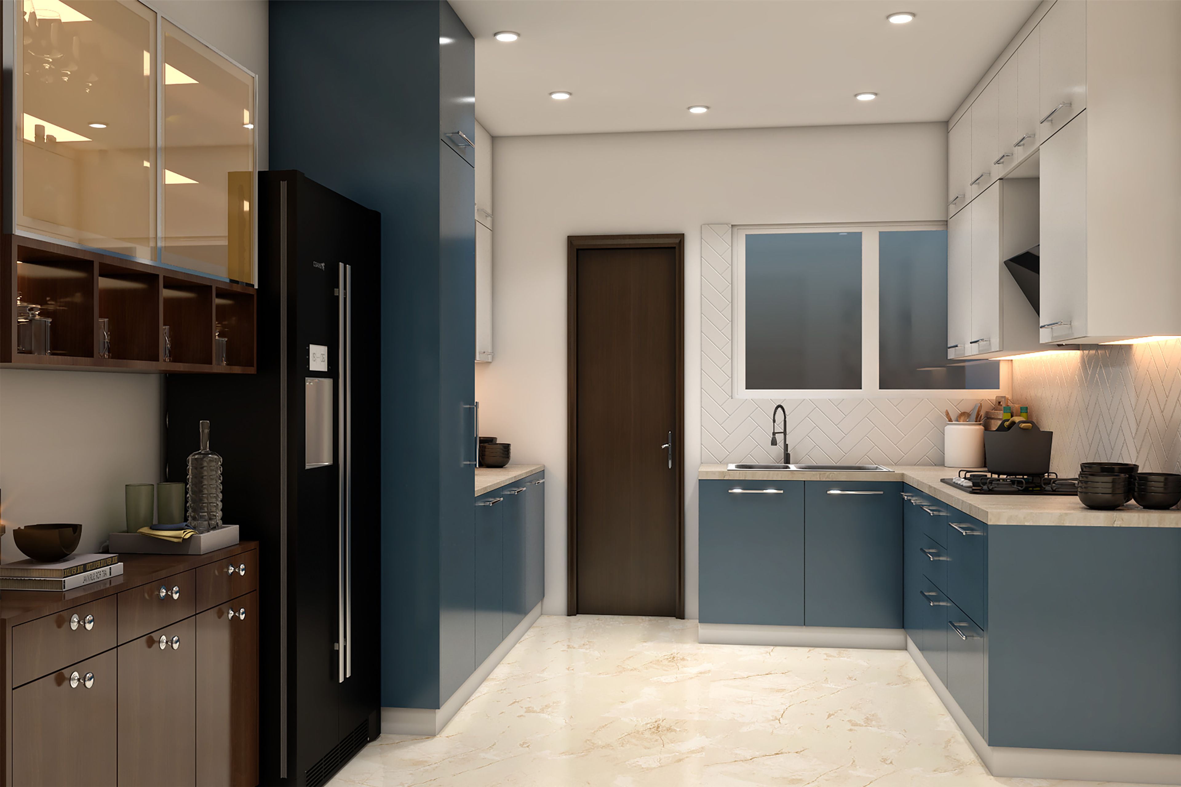L-Shaped Kitchen Design with Quartz Countertop and Blue Cabinets