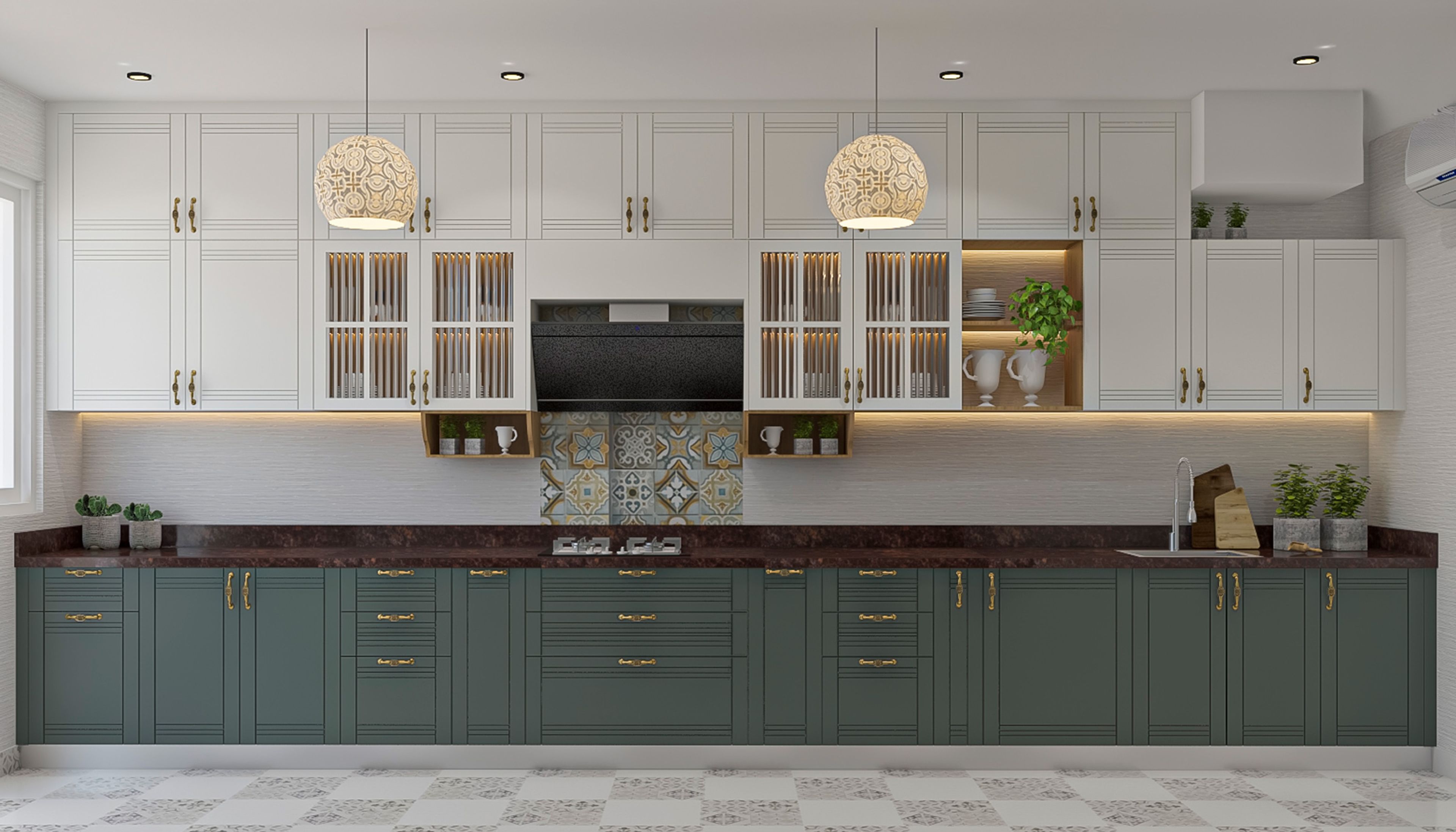 Classic Parallel Kitchen Design with Green and White Cabinets and Granite Countertop