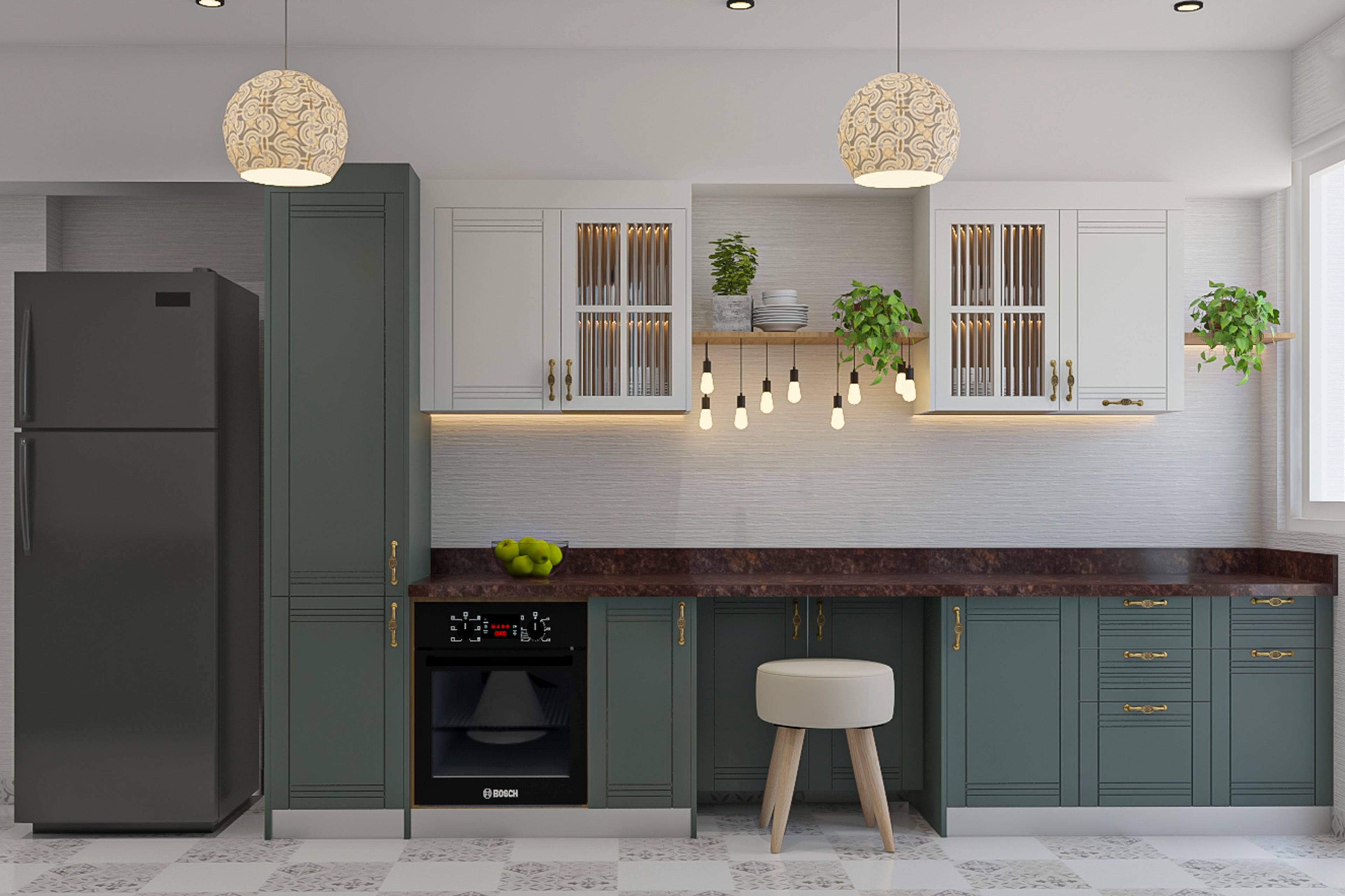 Parallel Kitchen Design with Green and White Cabinets and Granite Countertop