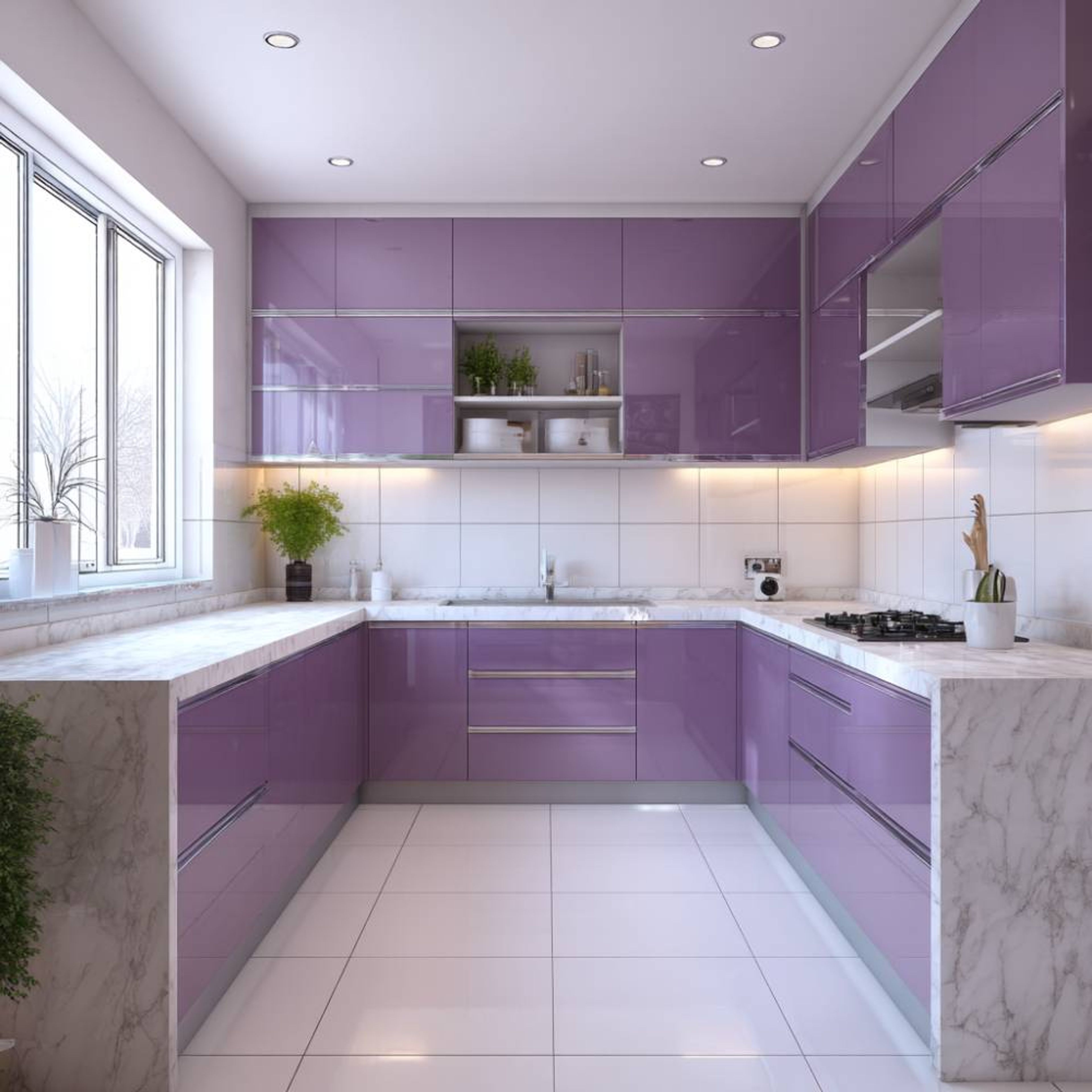 Modern U-Shaped Kitchen Design with Glossy Violet Cabinets and Quartz Countertop