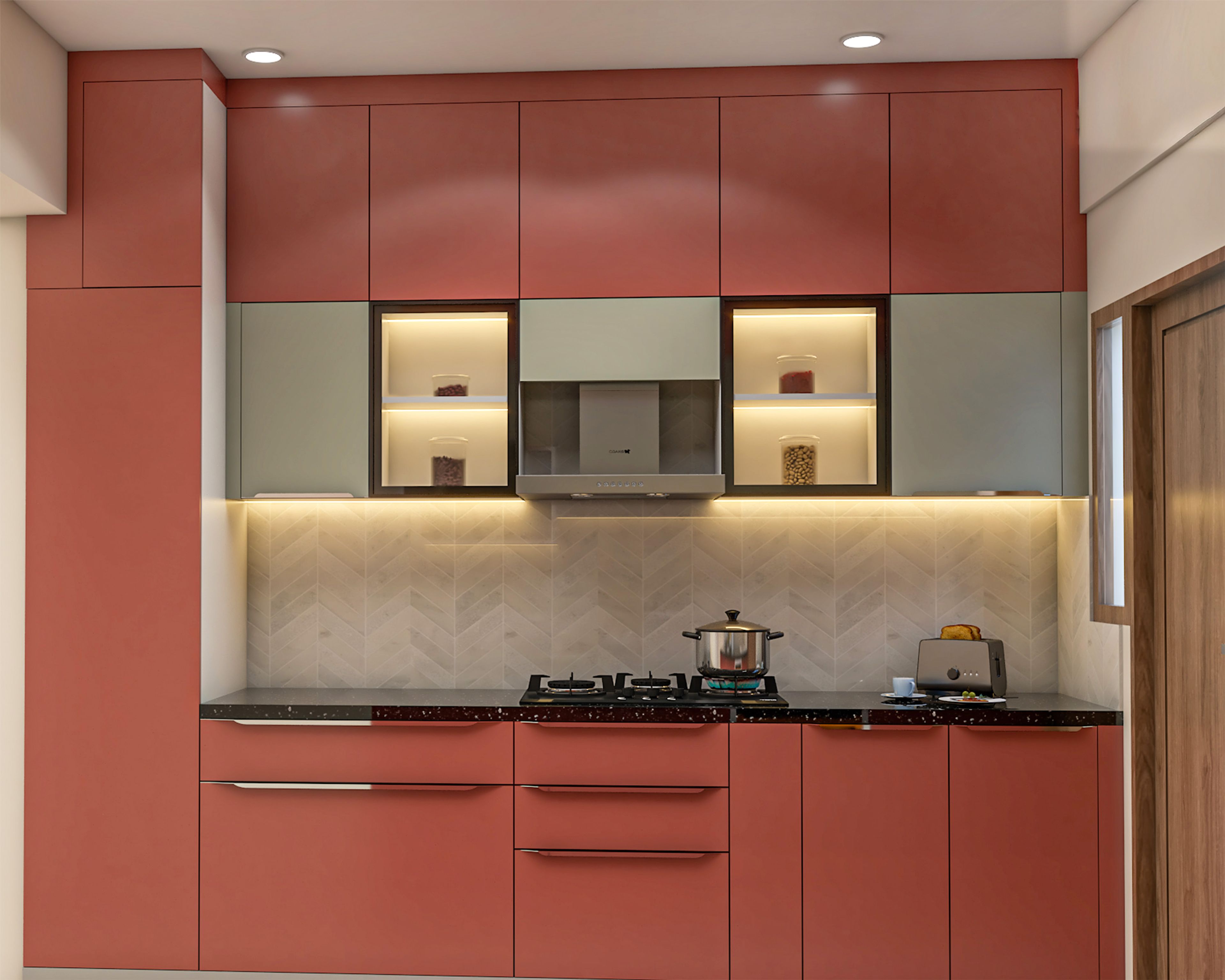 Parallel Kitchen Design with Poppy and Grey Cabinets and Granite Countertop