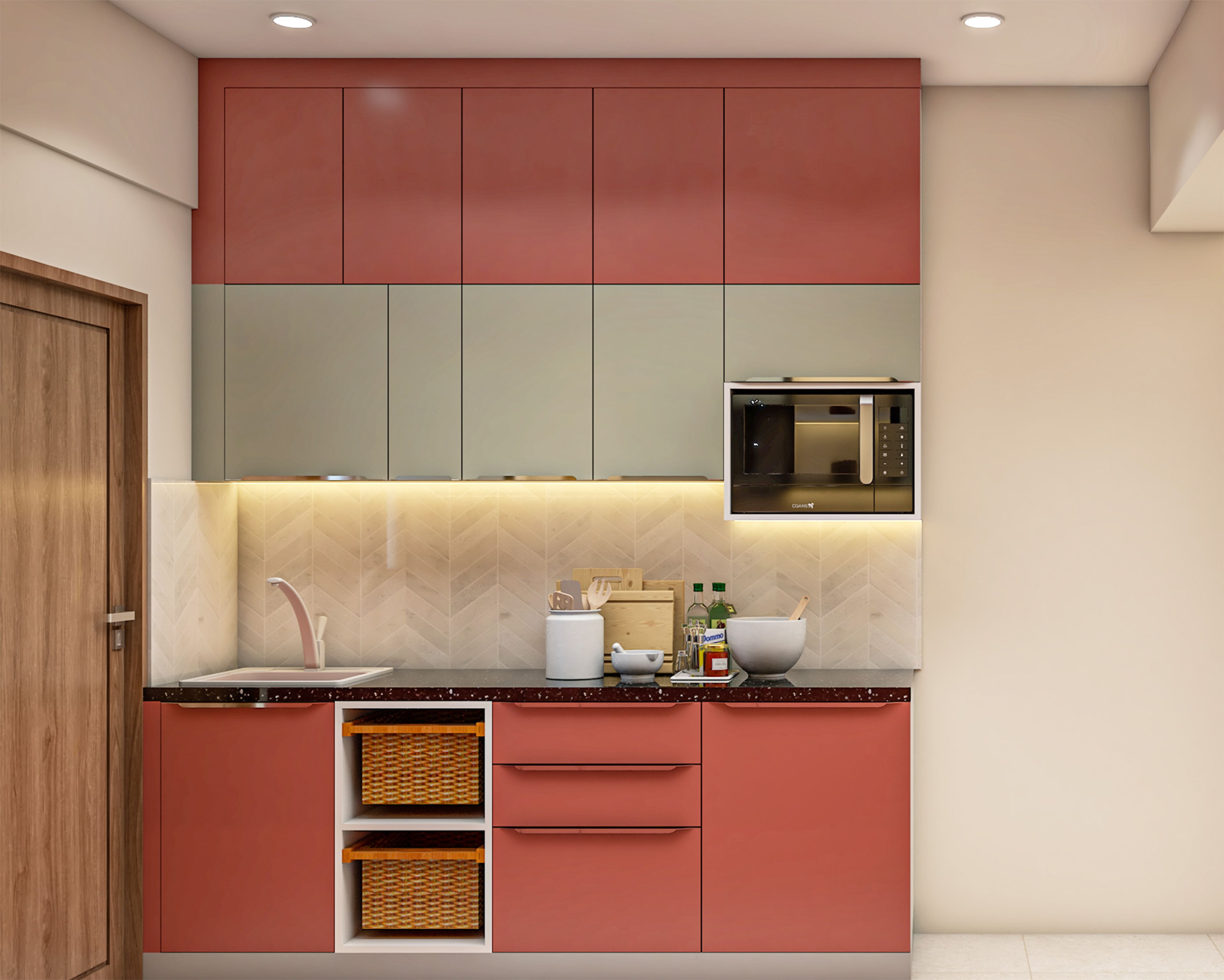 Parallel Kitchen Design with Poppy and Grey Cabinets and Granite Countertop