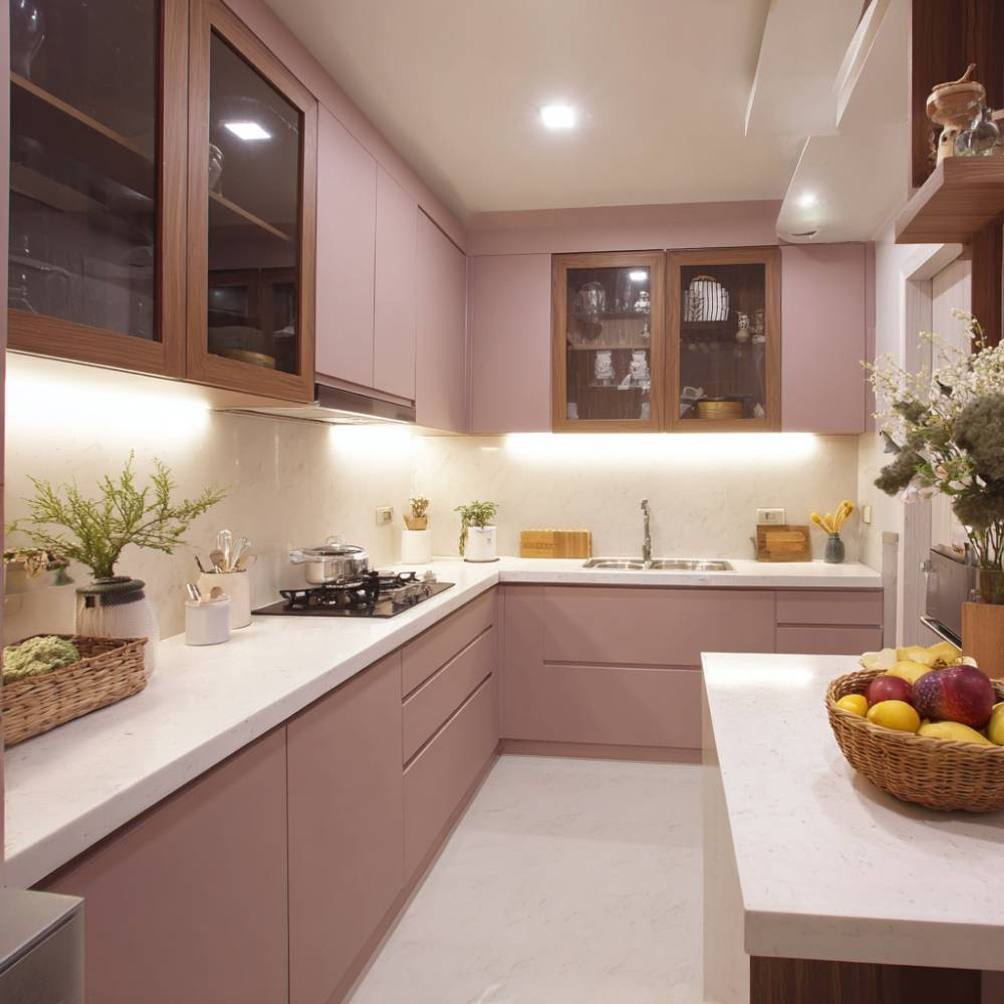 Modern Open Kitchen Design with Rose Granium Cabinets and Quartz Countertop