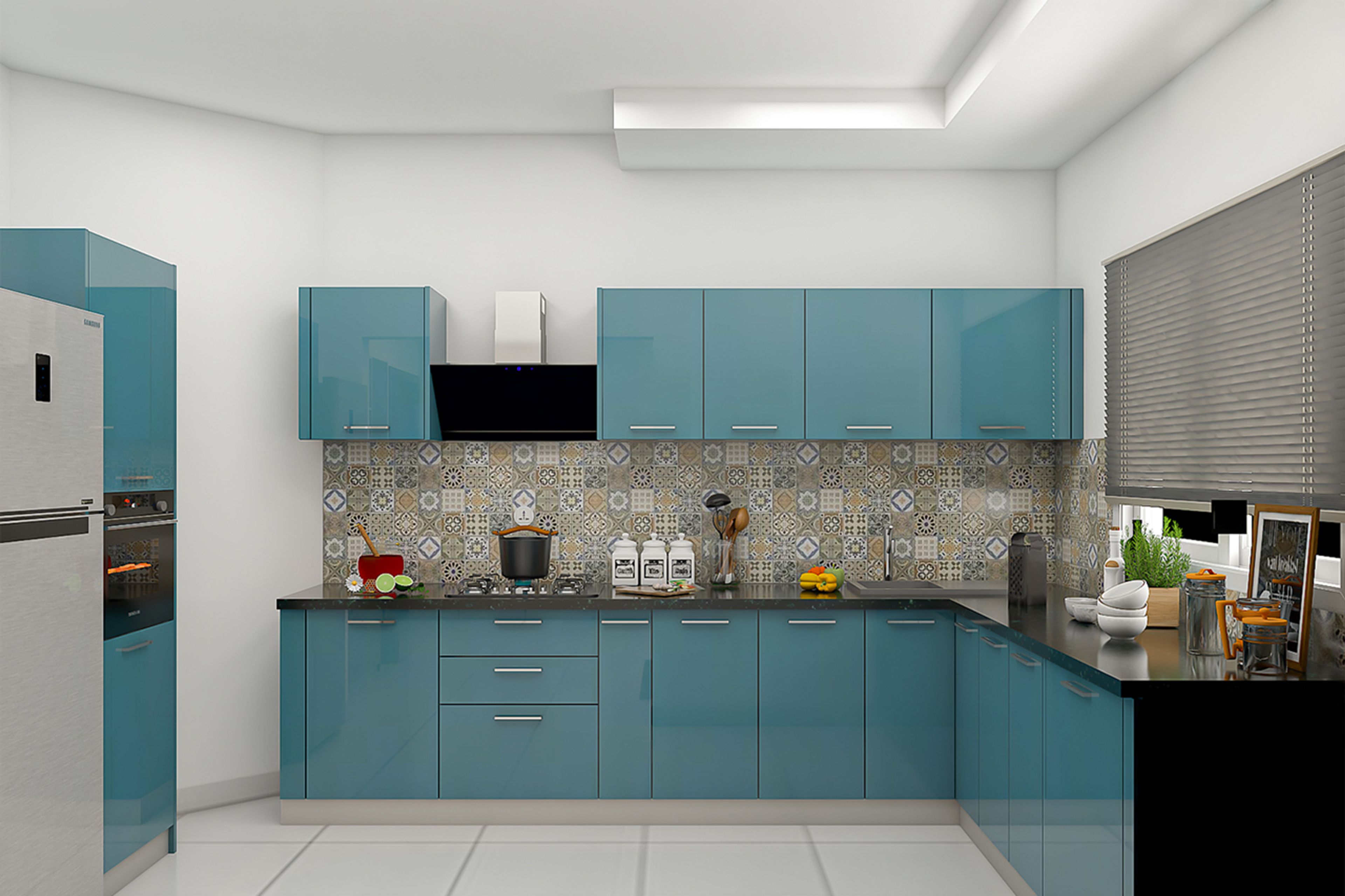 L-Shaped Kitchen Design with Patterned Backsplash and Teal Gloss Cabinets