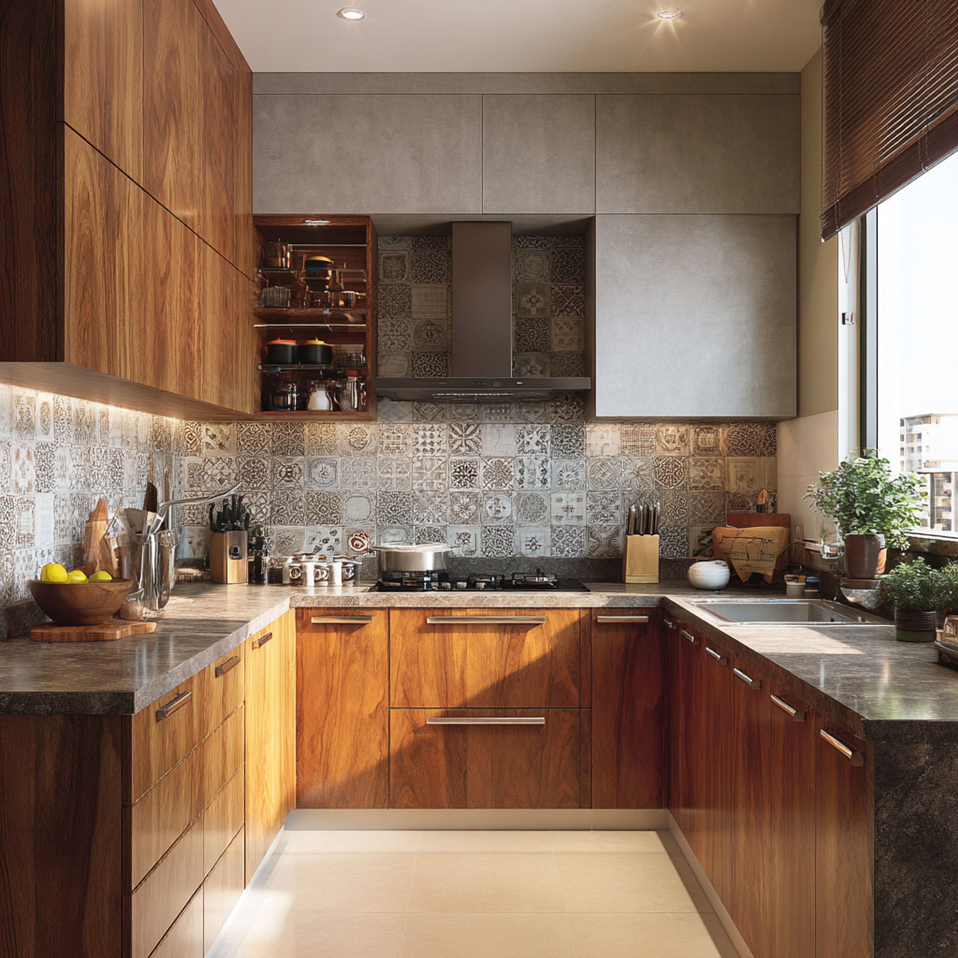 Contemporary U-Shaped Kitchen Design With Wooden and Grey Cabinets and Granite Countertop