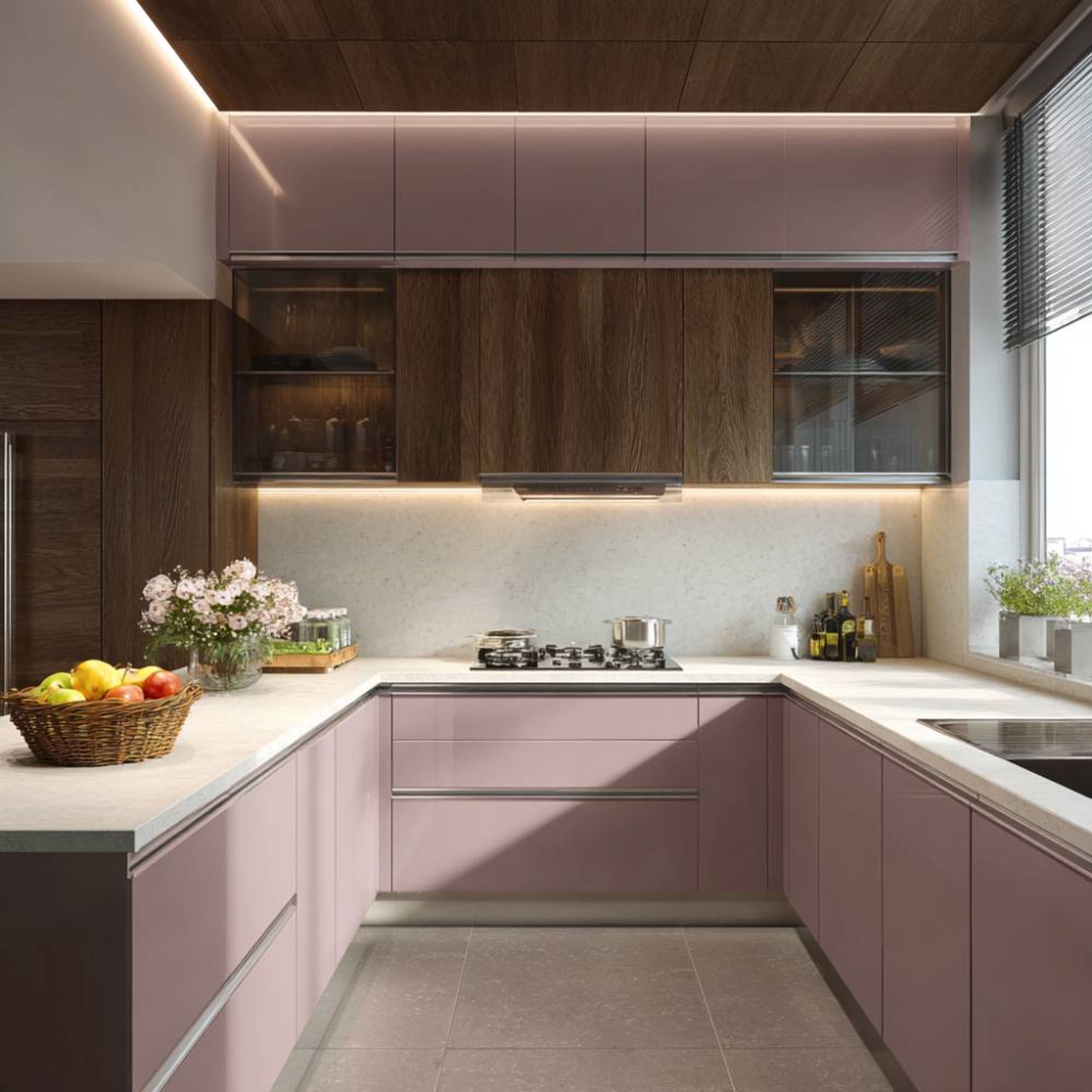 U-Shaped Contemporary Kitchen Design Featuring Glass Cabinets and Quartz Countertop