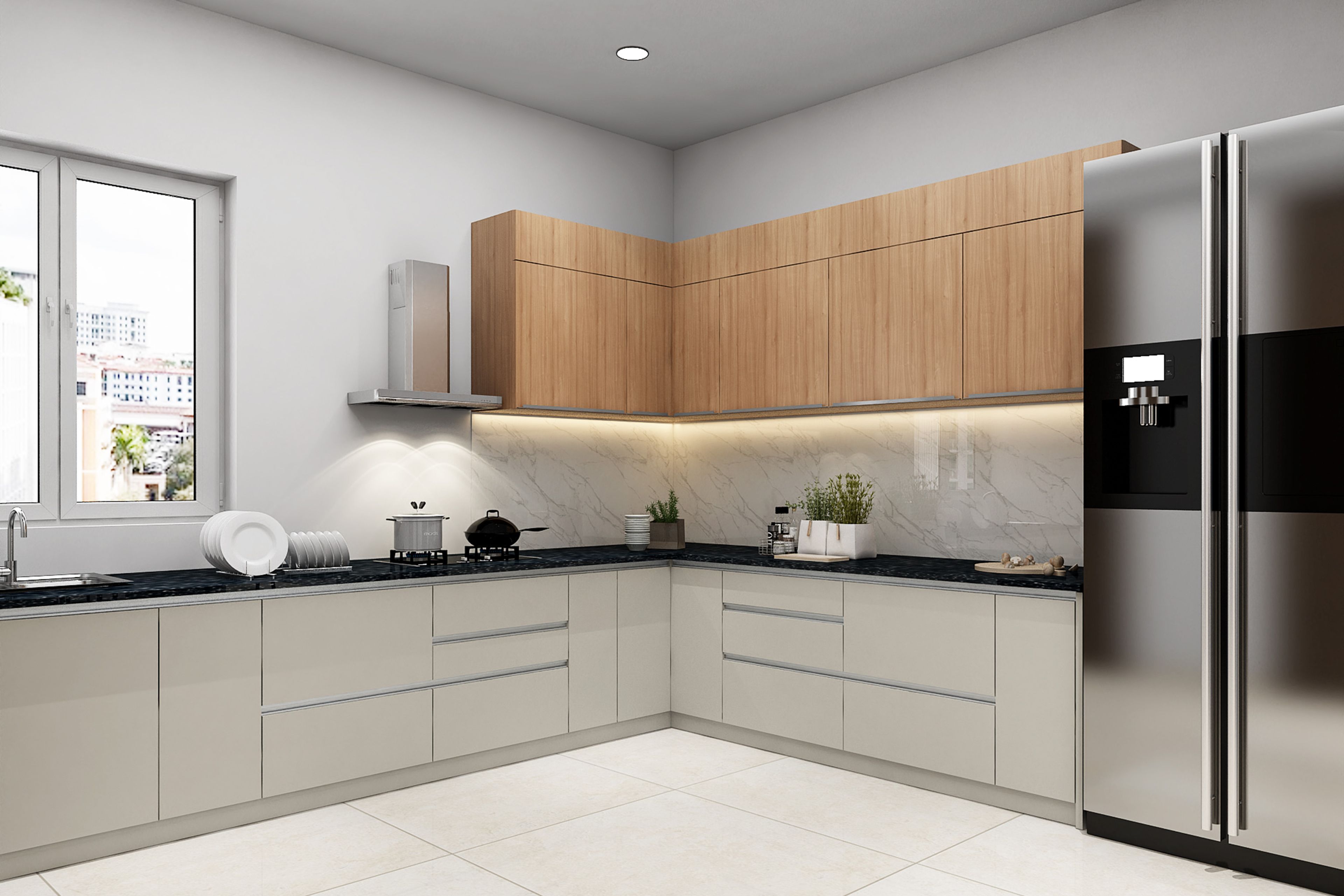 L-Shaped Kitchen Design with Glossy Champagne and Matte Teak Cabinets