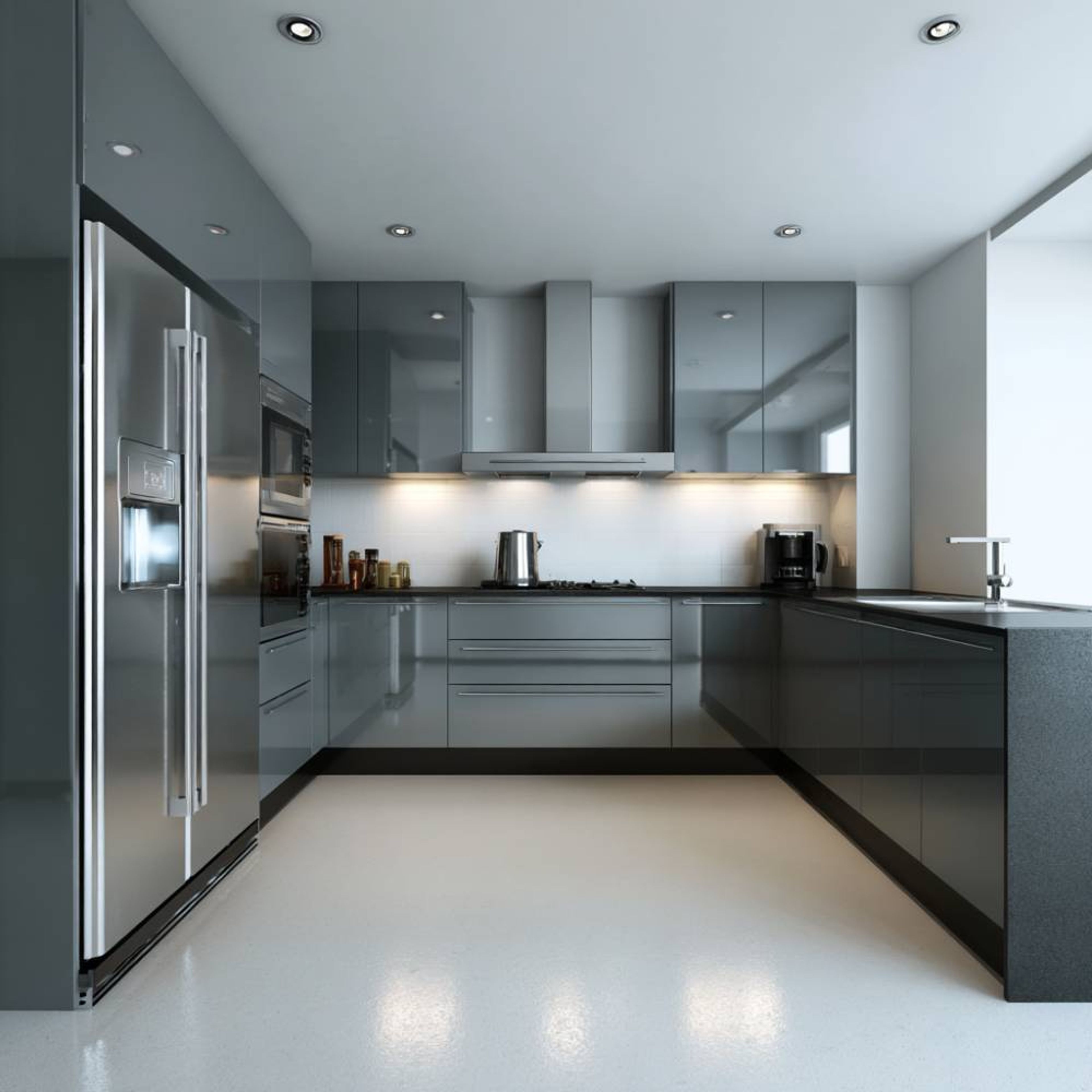 Contemporary Grey U-Shaped Kitchen Design Featuring Subway Tiles and Open Shelves