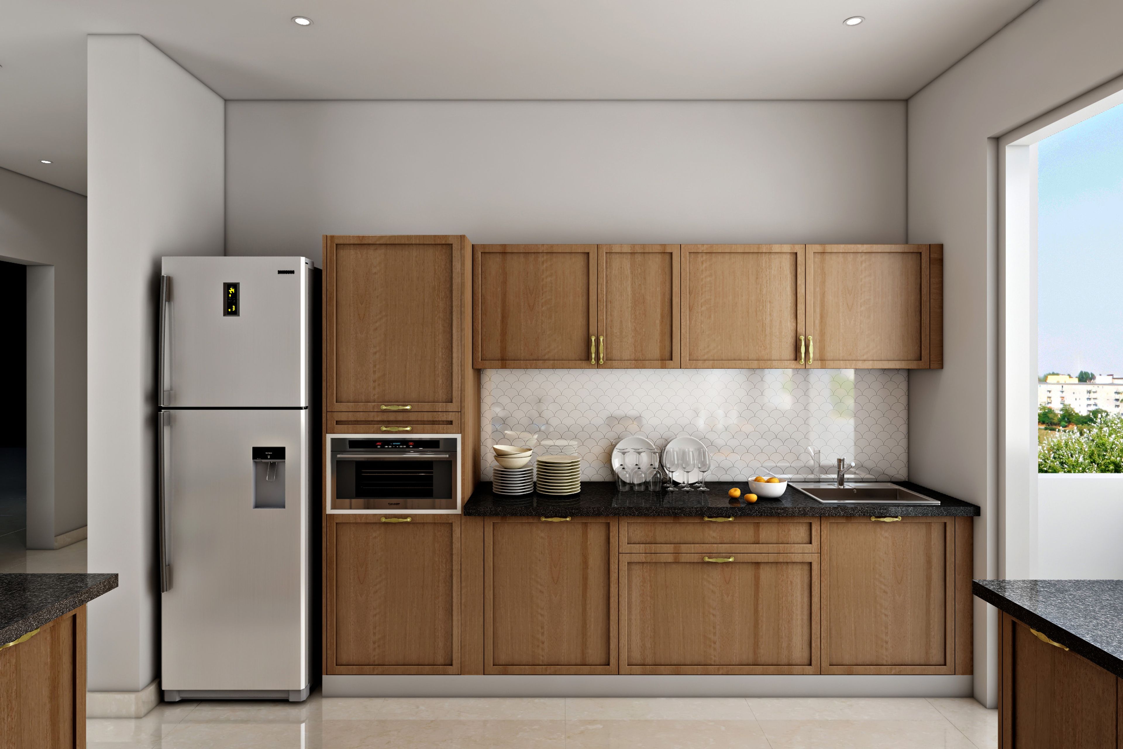 U-Shaped Kitchen Design with Granite Countertop and Open Pantry Nook