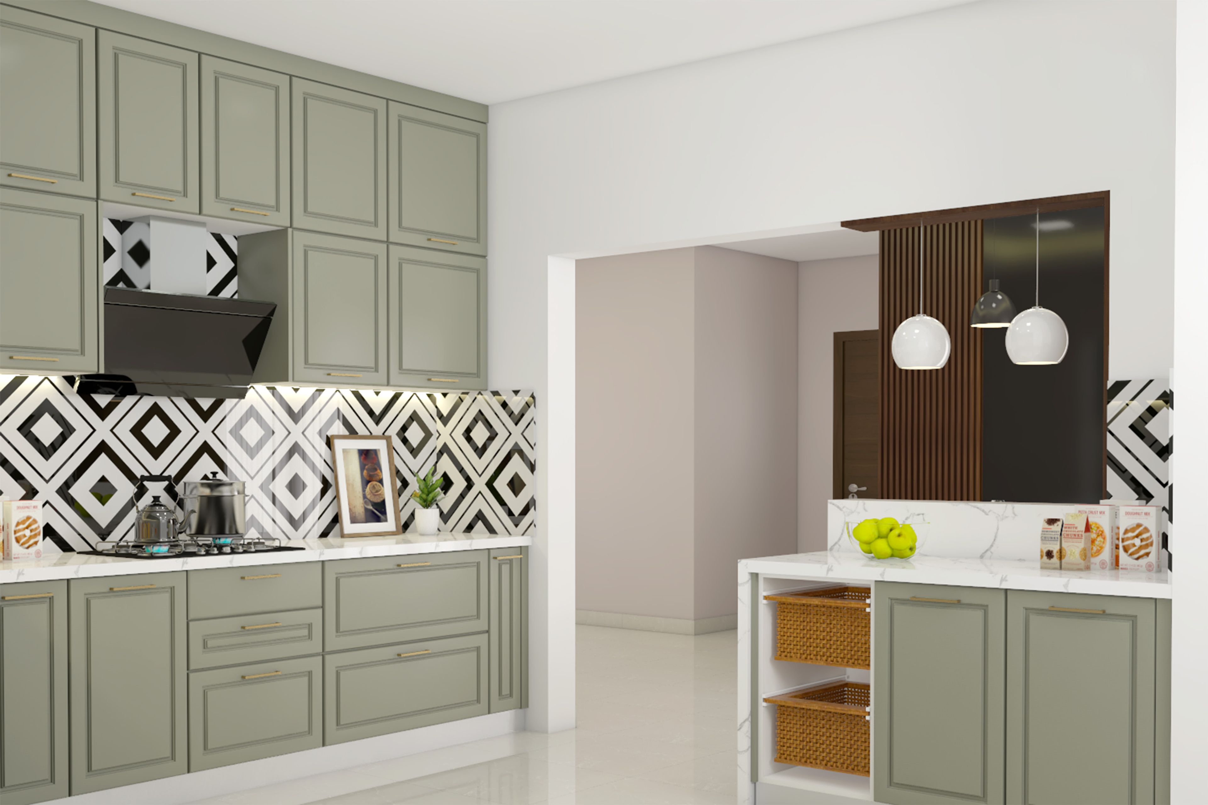 Classic L-Shaped Kitchen Design with Sage Green Cabinetry